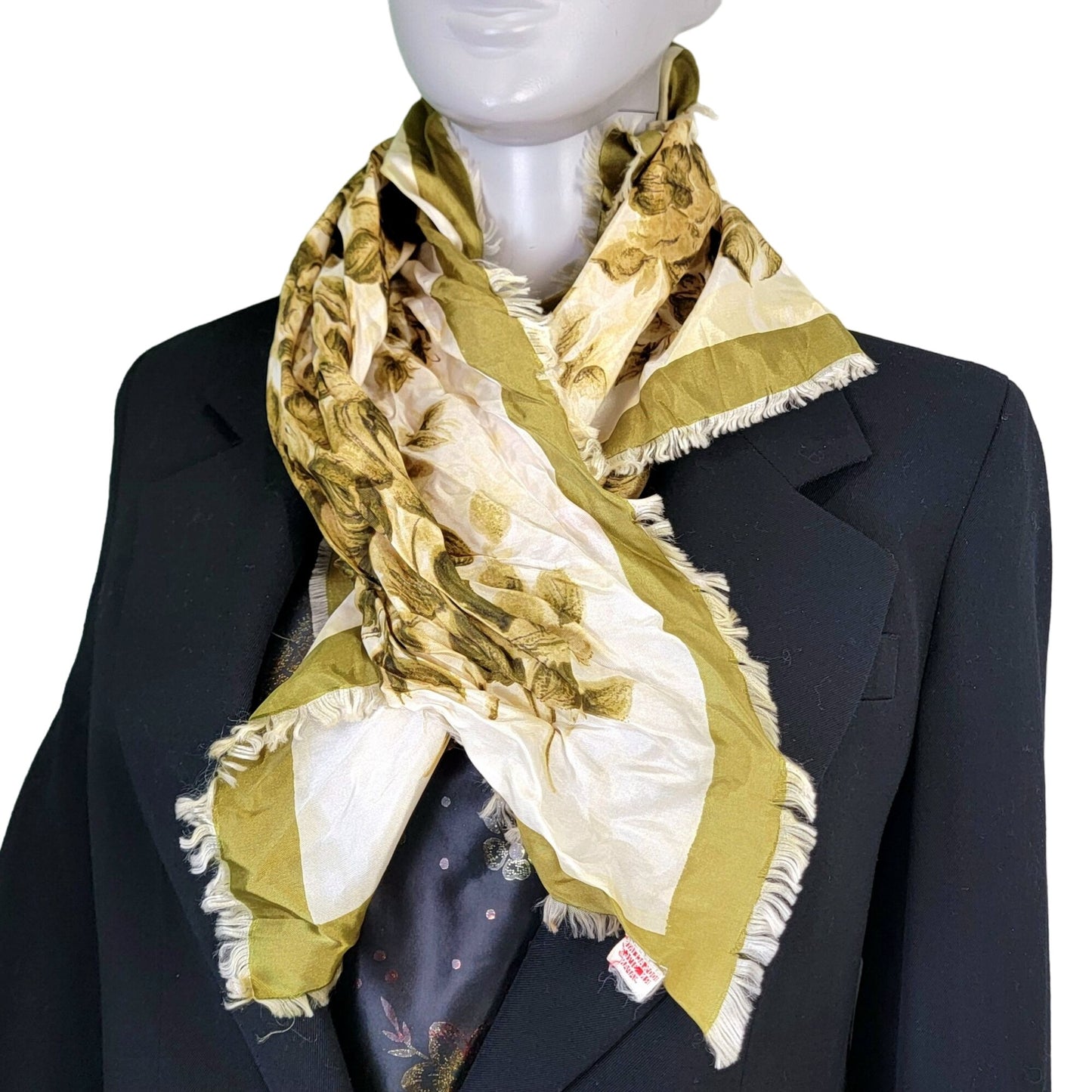 Vintage 70s Floral Scarf Women Accessories Green Beige Fall Leaves