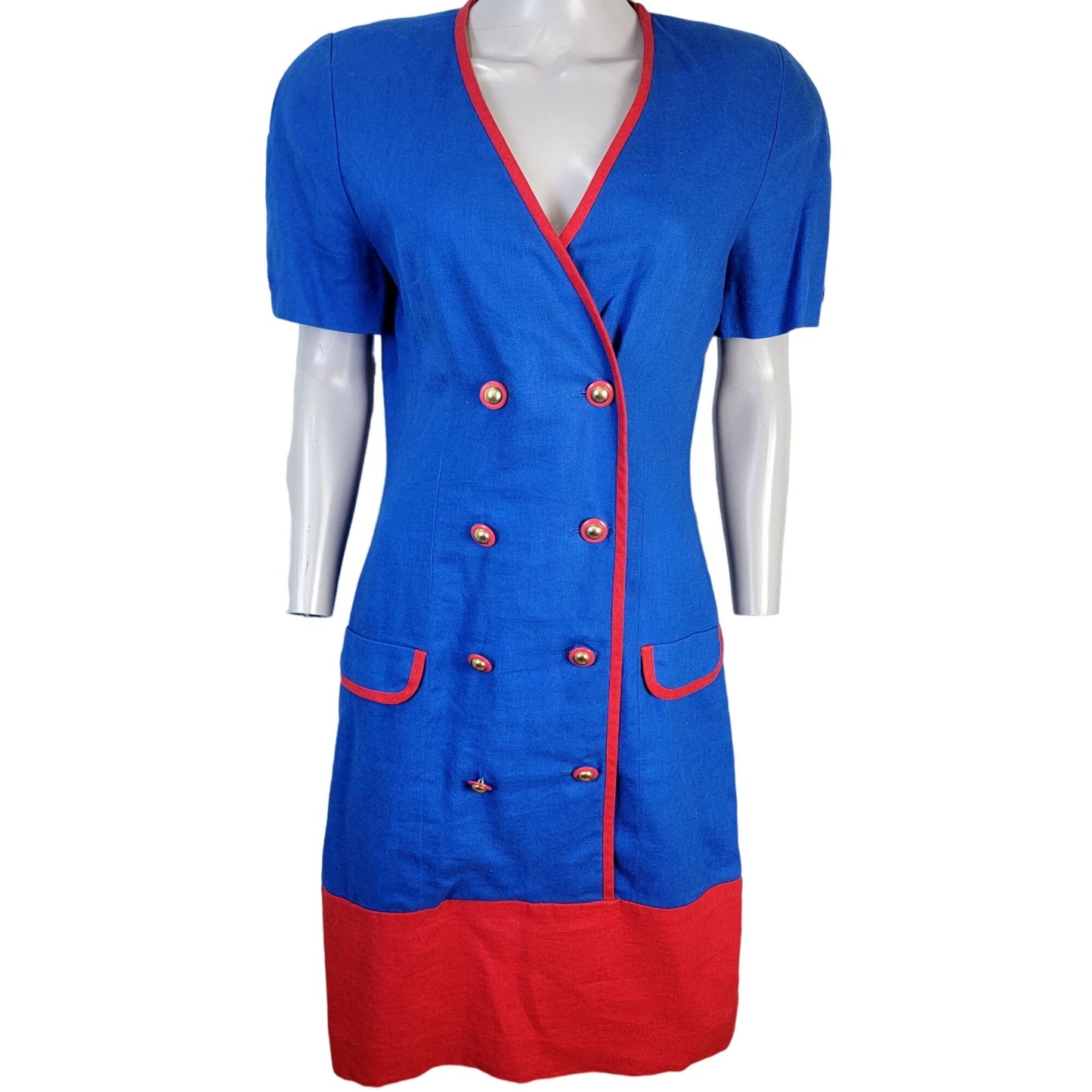 Vintage 80s David Warren Linen Midi Dress Women 6 Blue Red