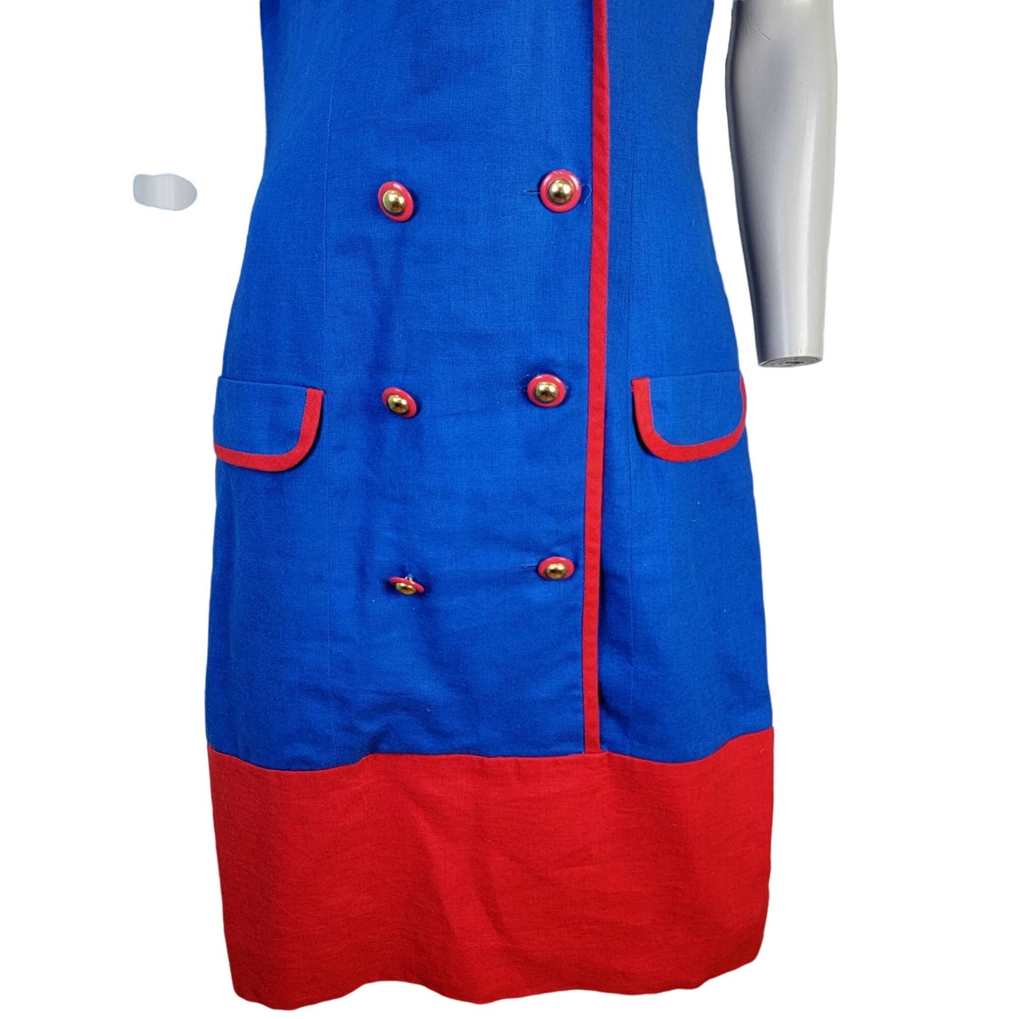 Vintage 80s David Warren Linen Midi Dress Women 6 Blue Red