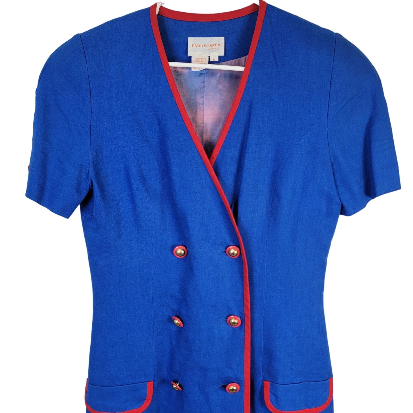 Vintage 80s David Warren Linen Midi Dress Women 6 Blue Red