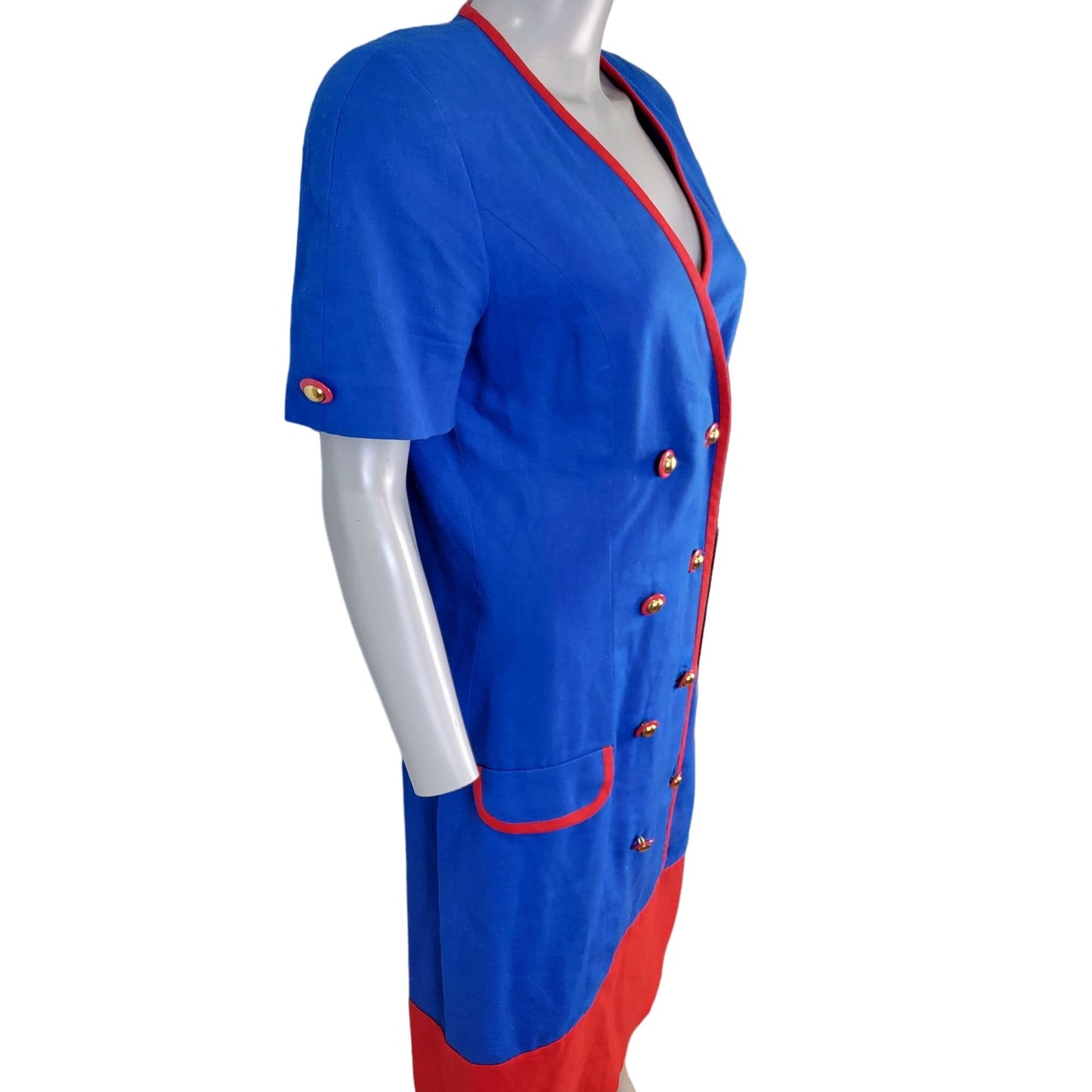 Vintage 80s David Warren Linen Midi Dress Women 6 Blue Red