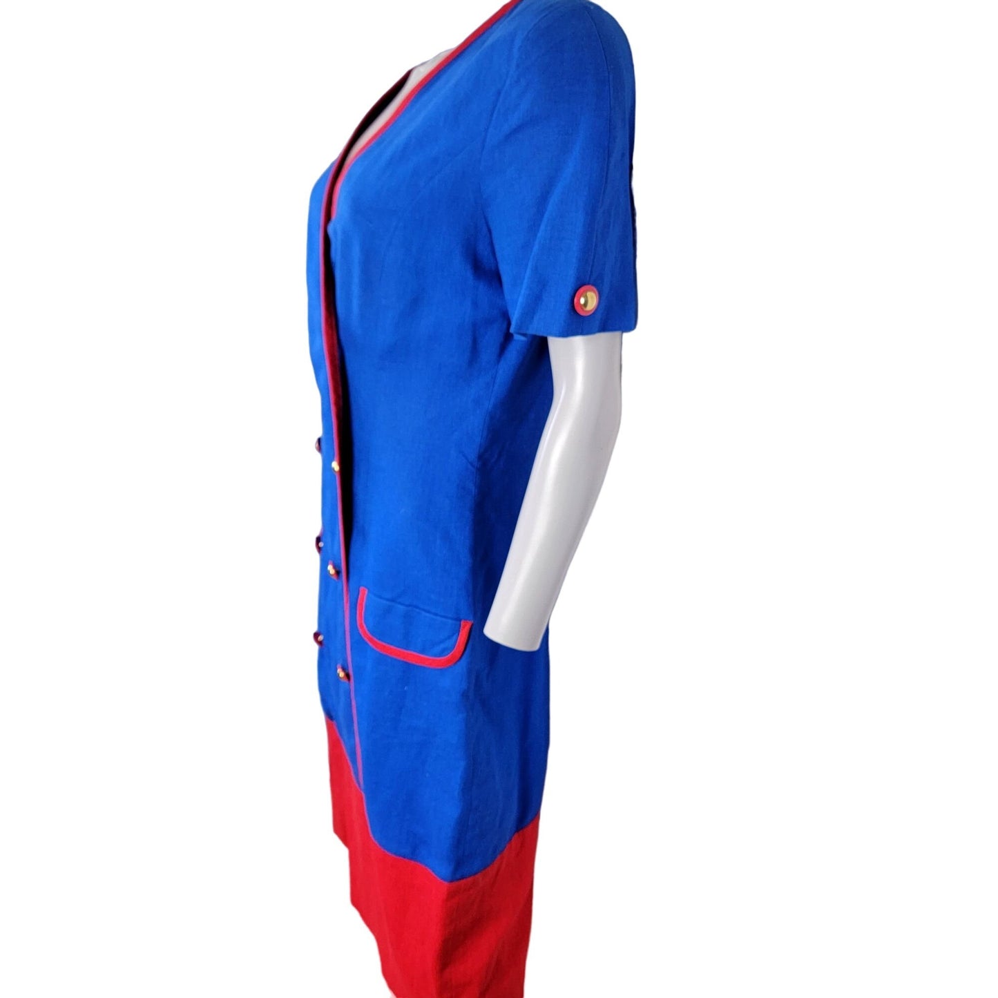 Vintage 80s David Warren Linen Midi Dress Women 6 Blue Red