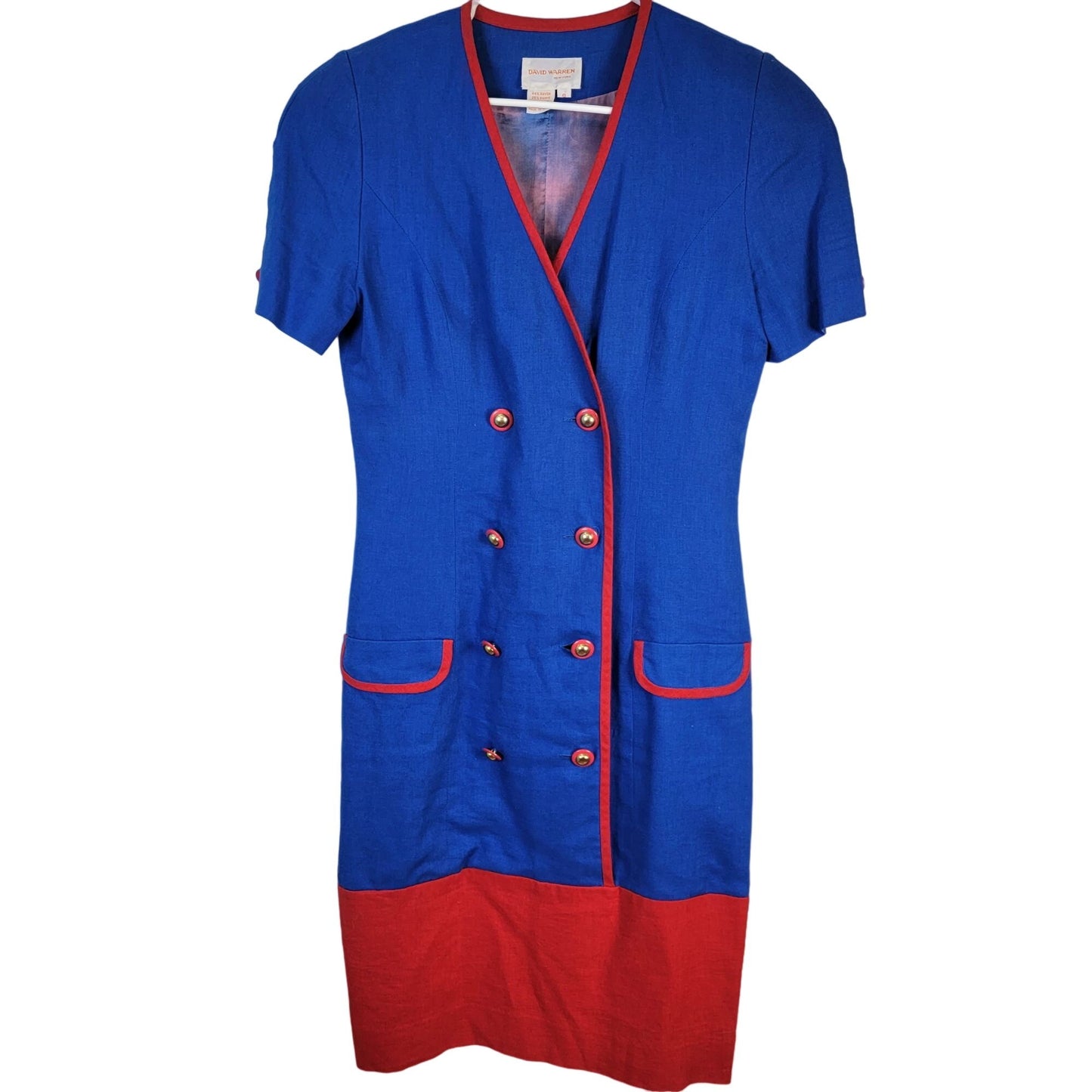 Vintage 80s David Warren Linen Midi Dress Women 6 Blue Red