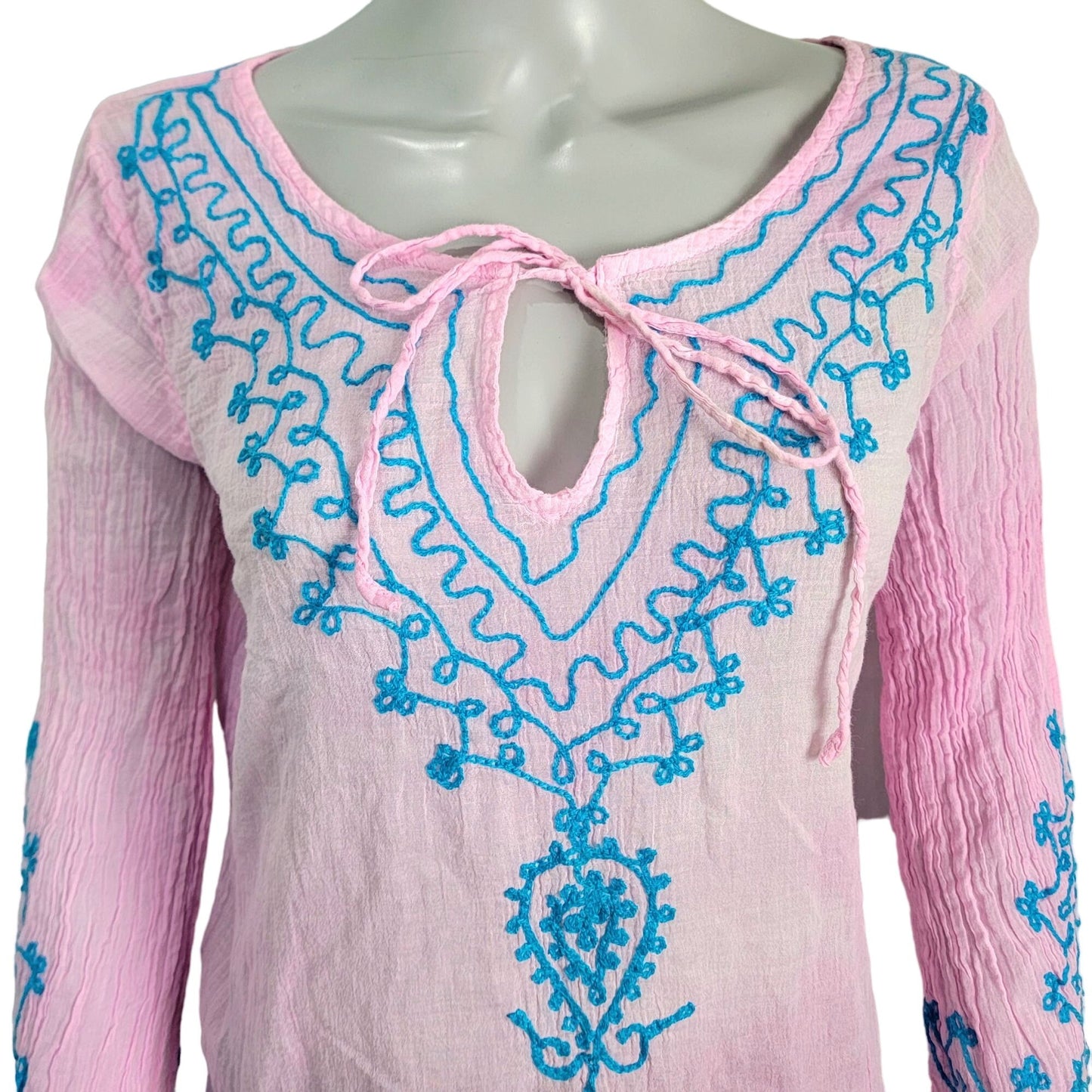 Bohemian Embroidered Tunic Shirt Women XL Pink Blue