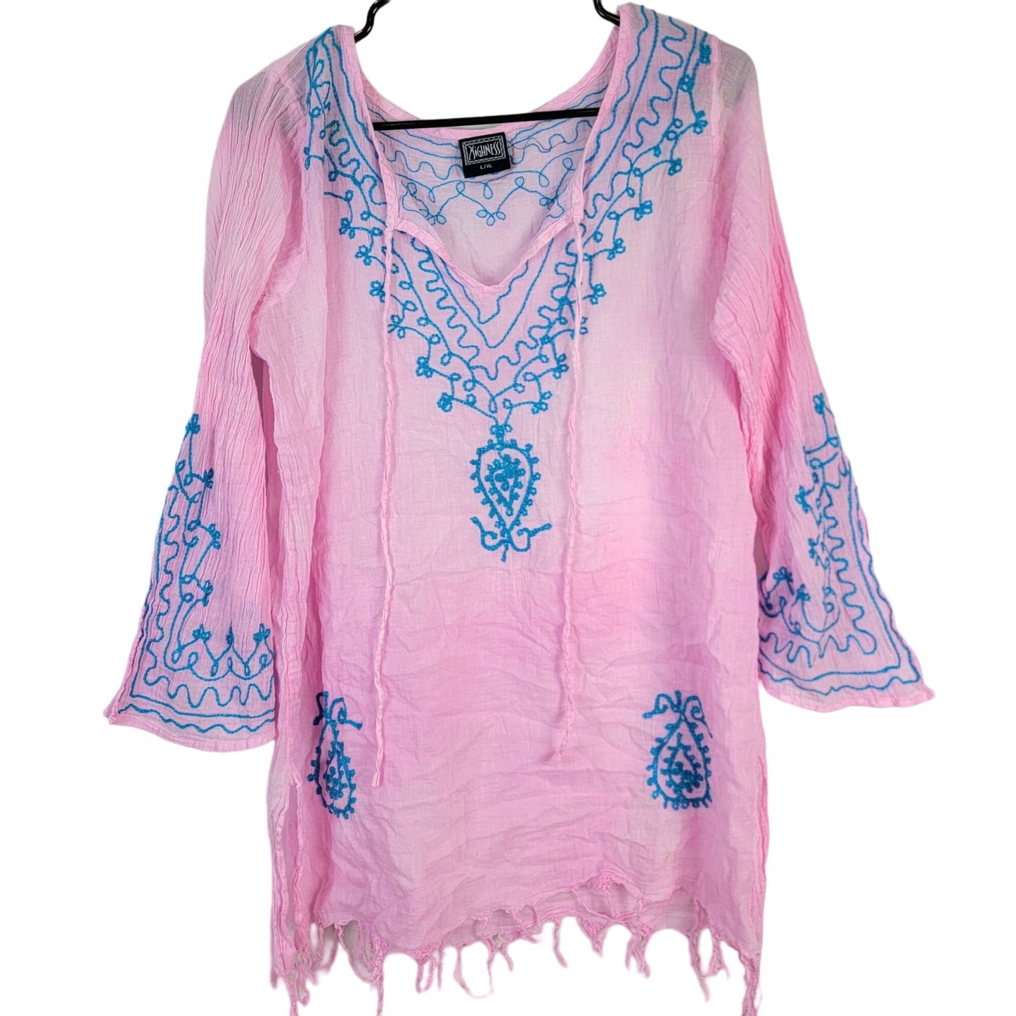 Bohemian Embroidered Tunic Shirt Women XL Pink Blue