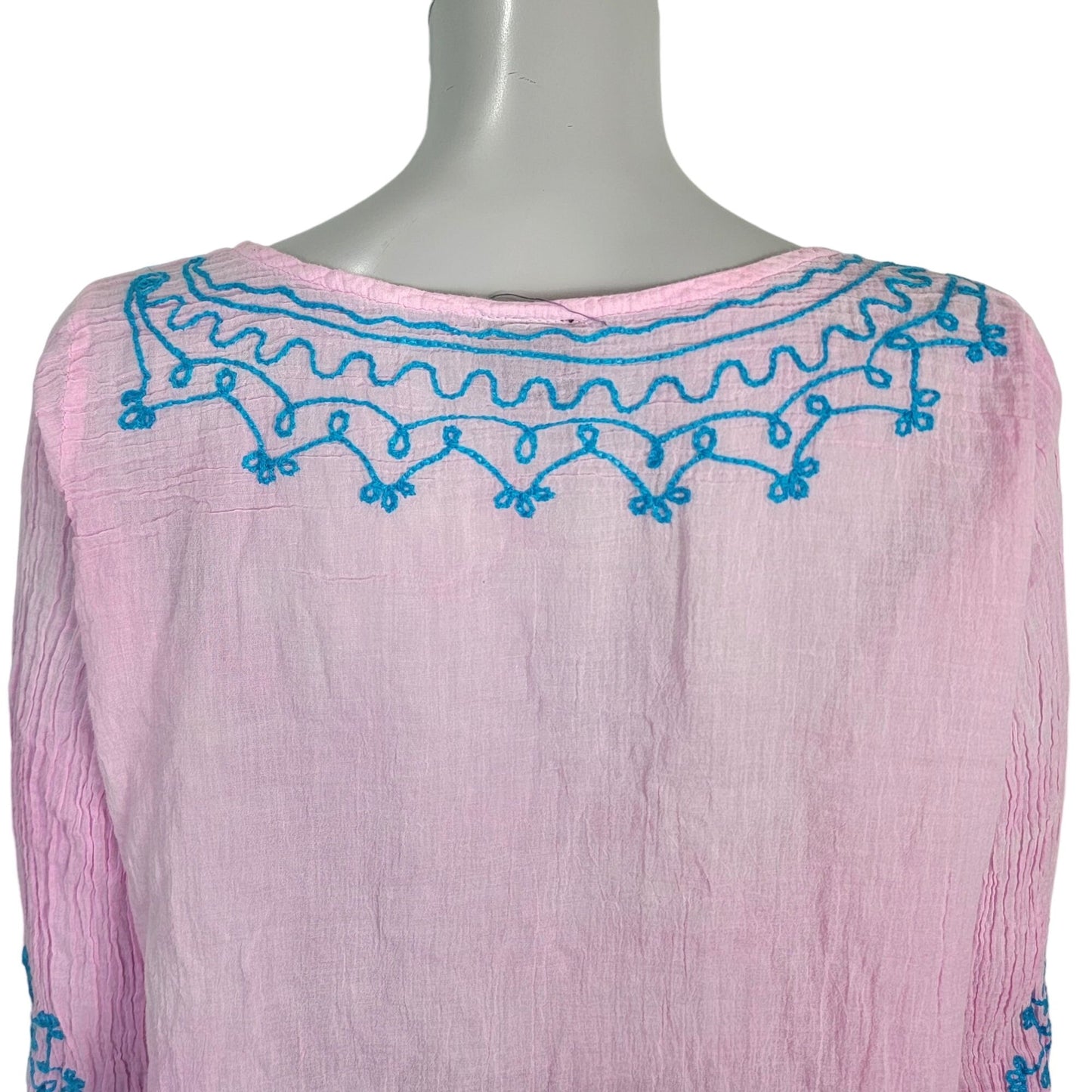 Bohemian Embroidered Tunic Shirt Women XL Pink Blue