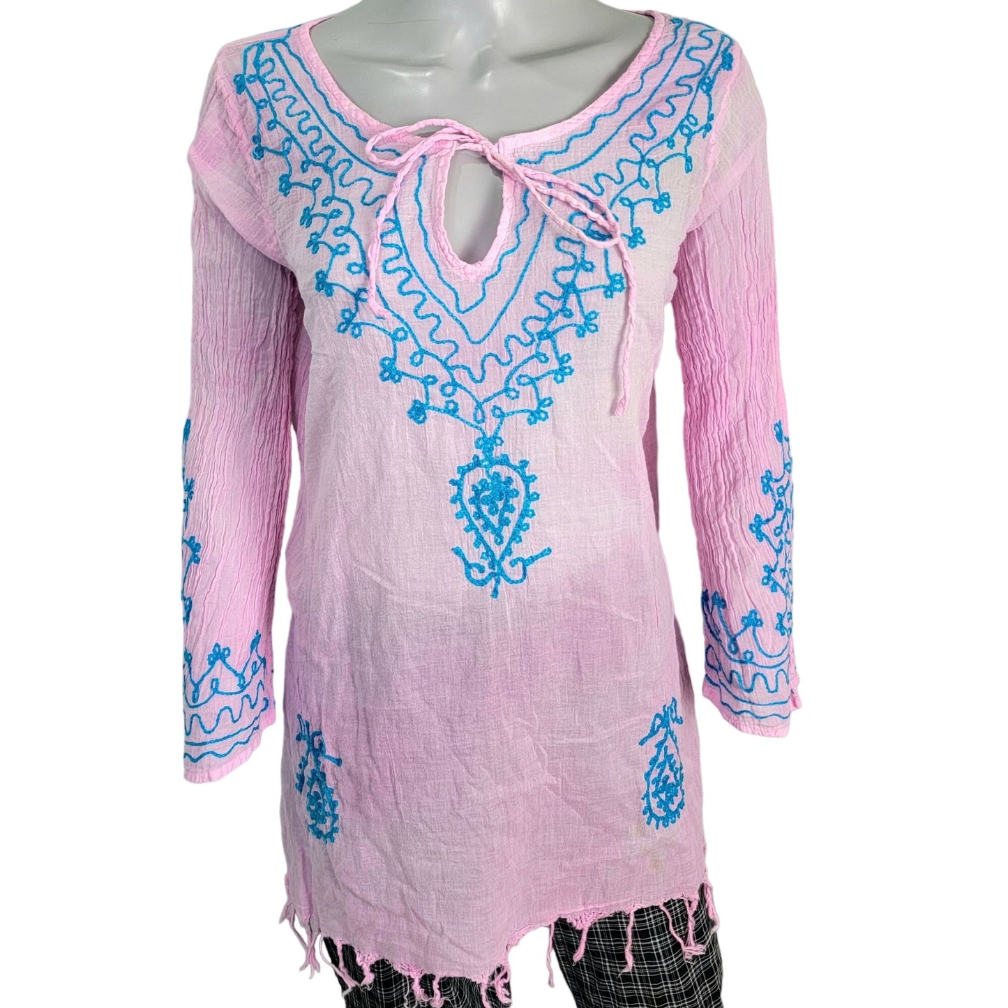 Bohemian Embroidered Tunic Shirt Women XL Pink Blue