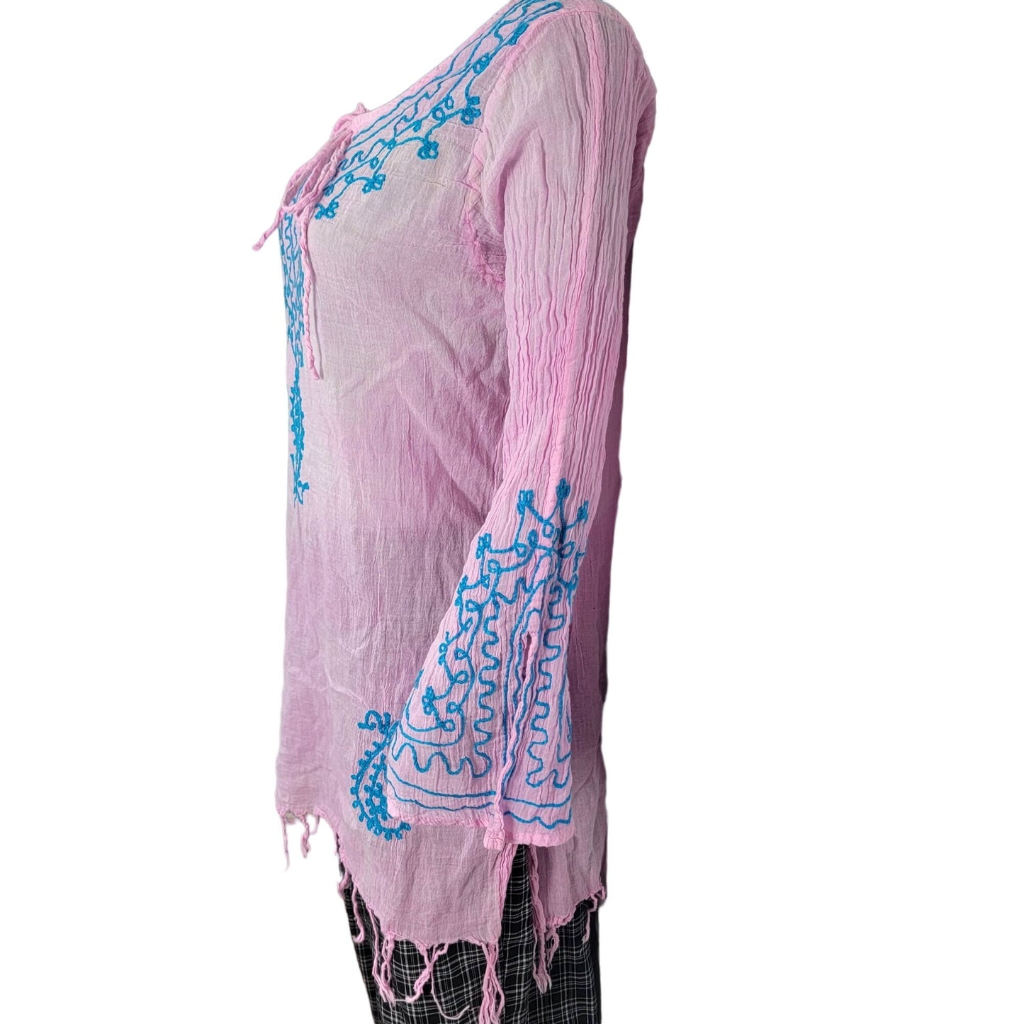 Bohemian Embroidered Tunic Shirt Women XL Pink Blue