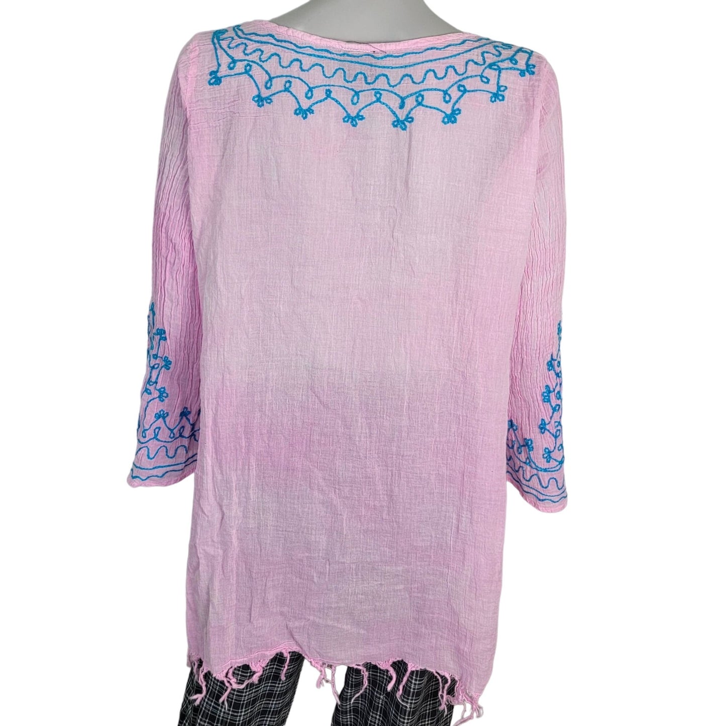 Bohemian Embroidered Tunic Shirt Women XL Pink Blue