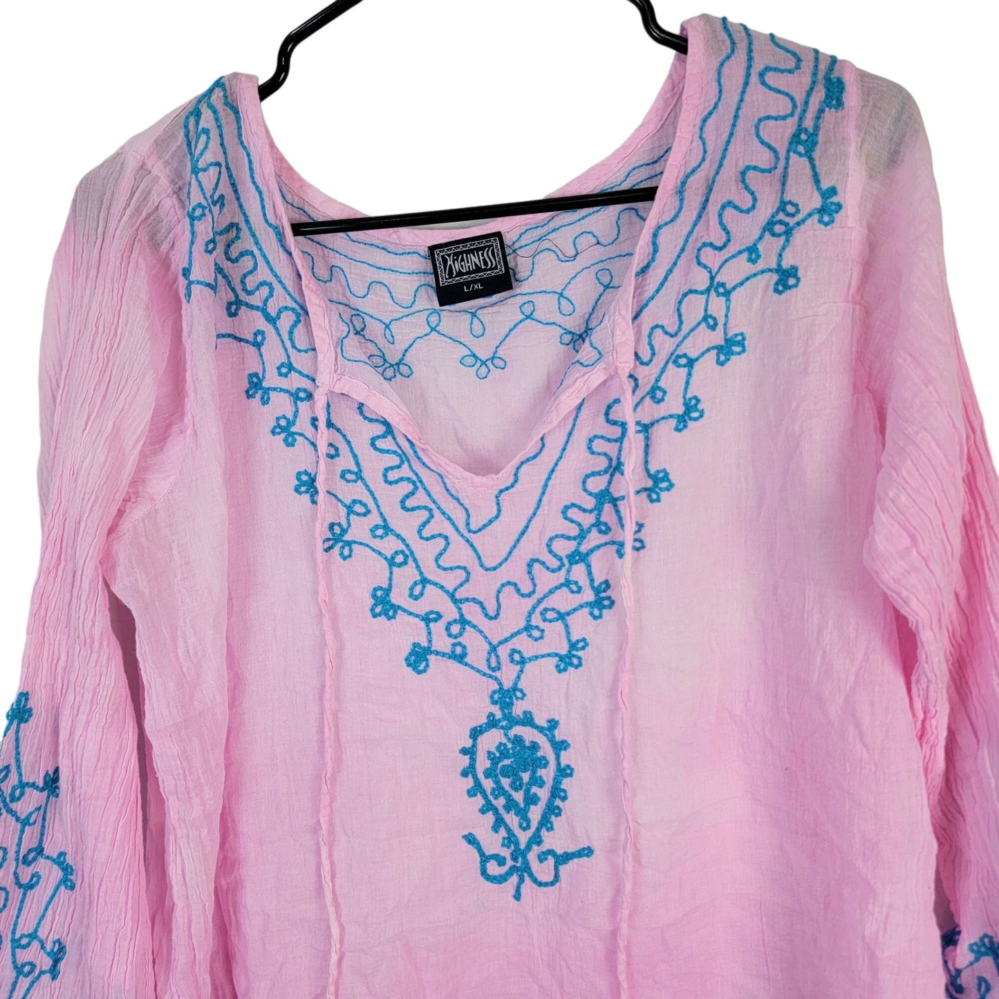 Bohemian Embroidered Tunic Shirt Women XL Pink Blue