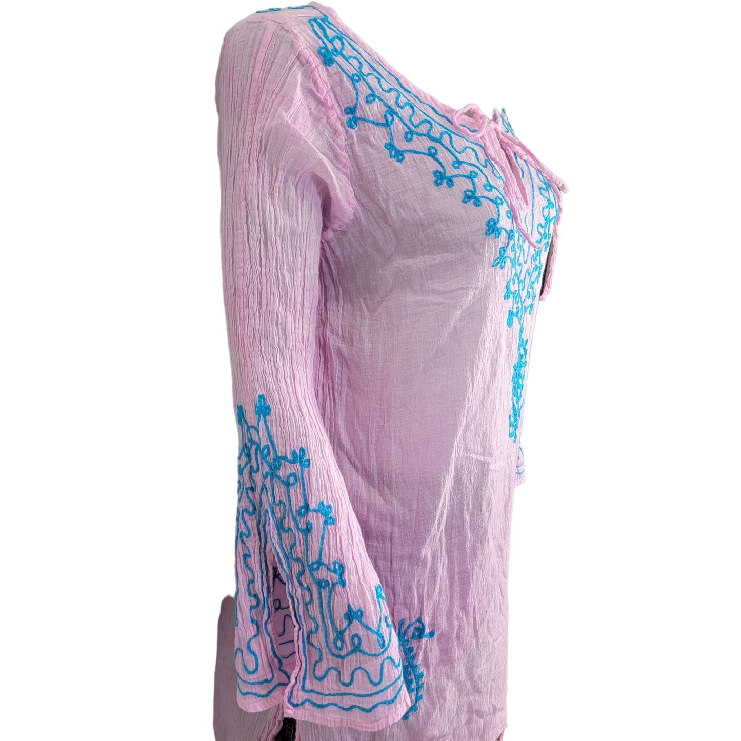 Bohemian Embroidered Tunic Shirt Women XL Pink Blue