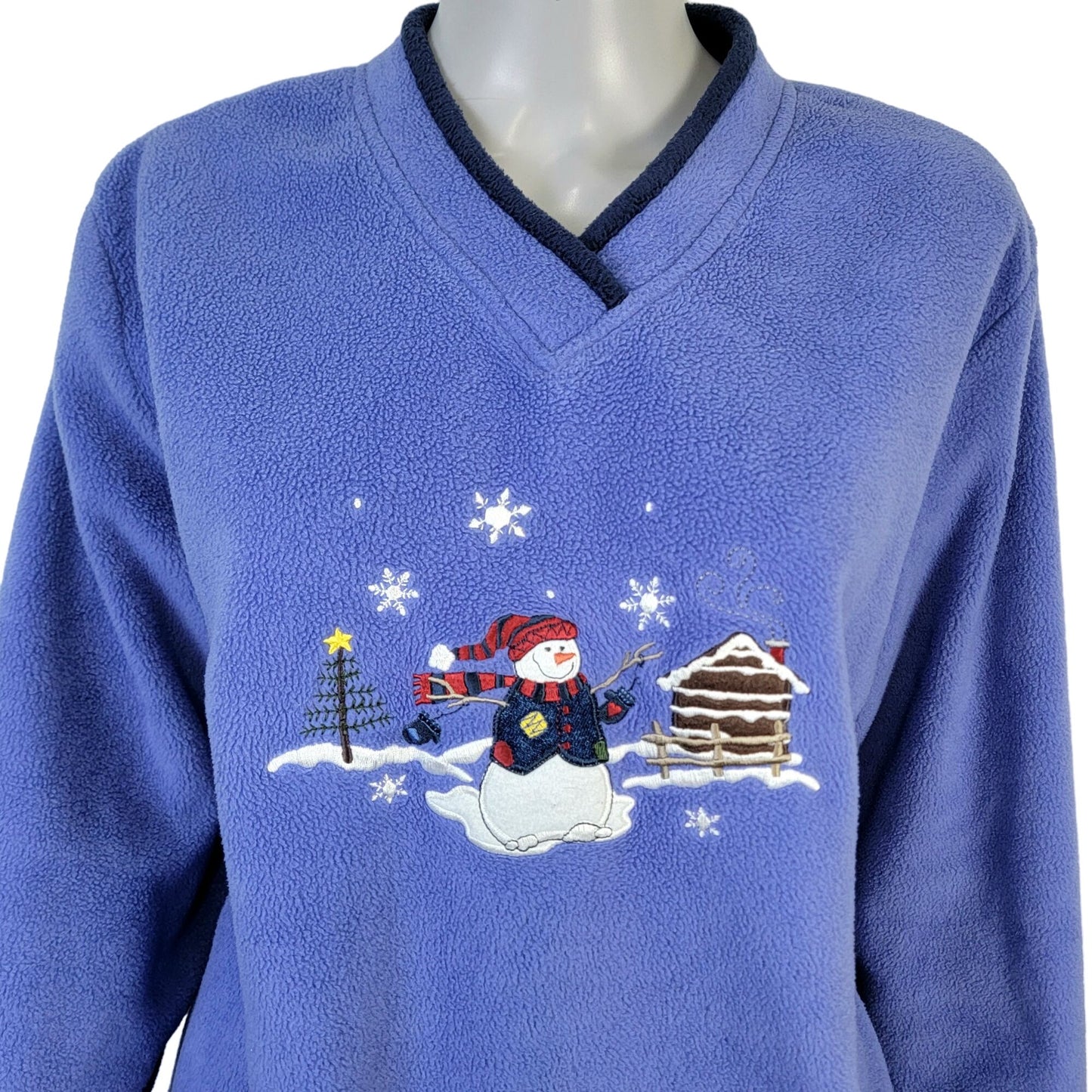 Vintage Fleece Snowman Sweatshirt Women XL Blue Red Sweater Winter Holiday