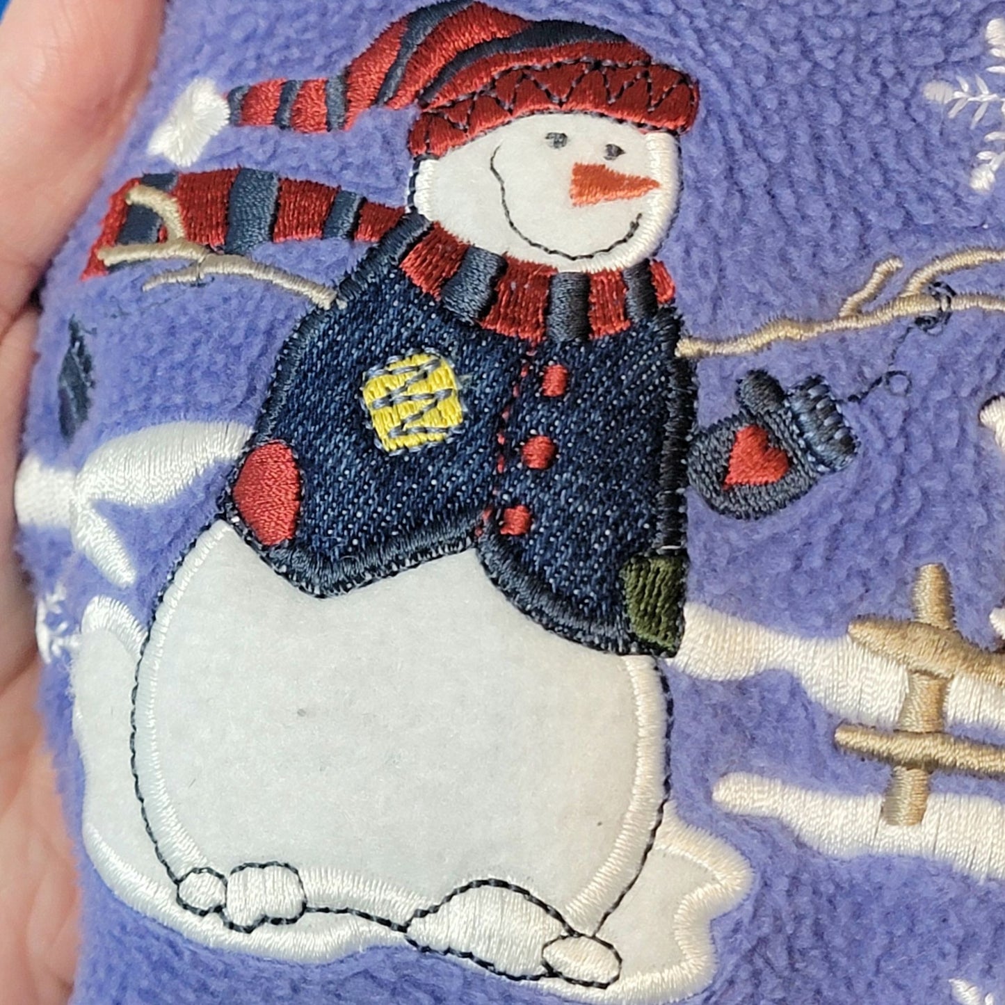Vintage Fleece Snowman Sweatshirt Women XL Blue Red Sweater Winter Holiday