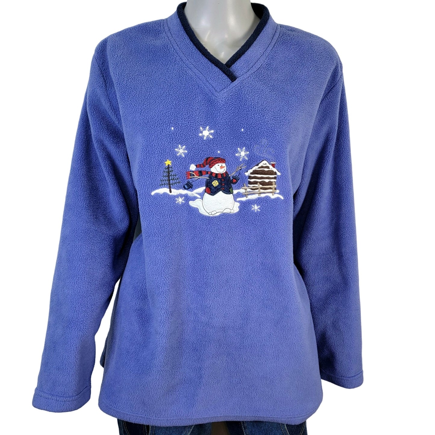 Vintage Fleece Snowman Sweatshirt Women XL Blue Red Sweater Winter Holiday