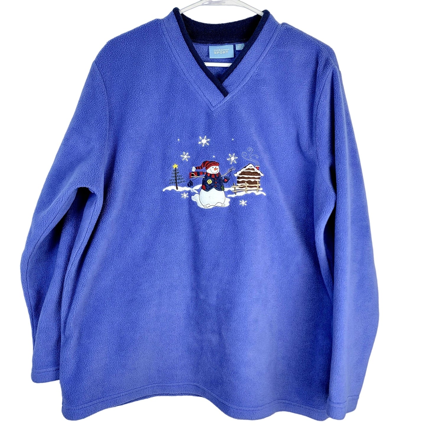 Vintage Fleece Snowman Sweatshirt Women XL Blue Red Sweater Winter Holiday