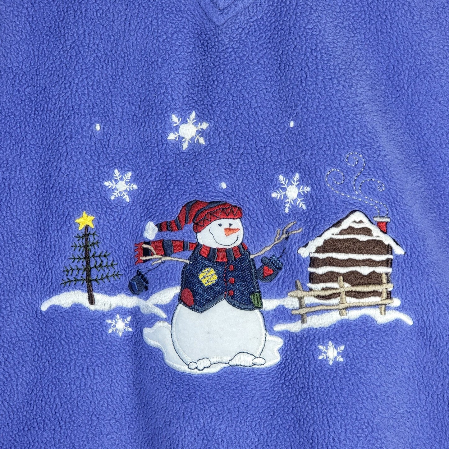 Vintage Fleece Snowman Sweatshirt Women XL Blue Red Sweater Winter Holiday