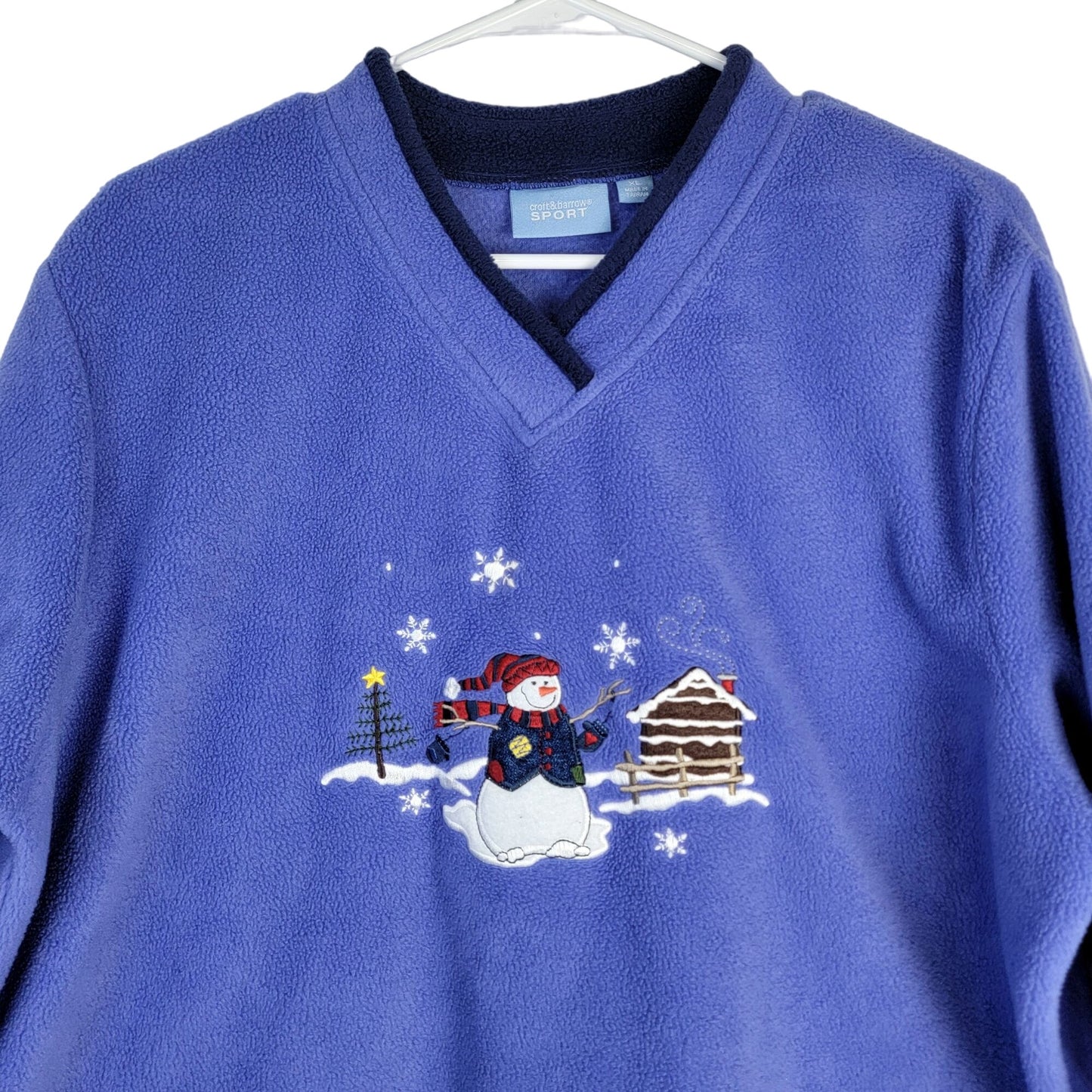 Vintage Fleece Snowman Sweatshirt Women XL Blue Red Sweater Winter Holiday