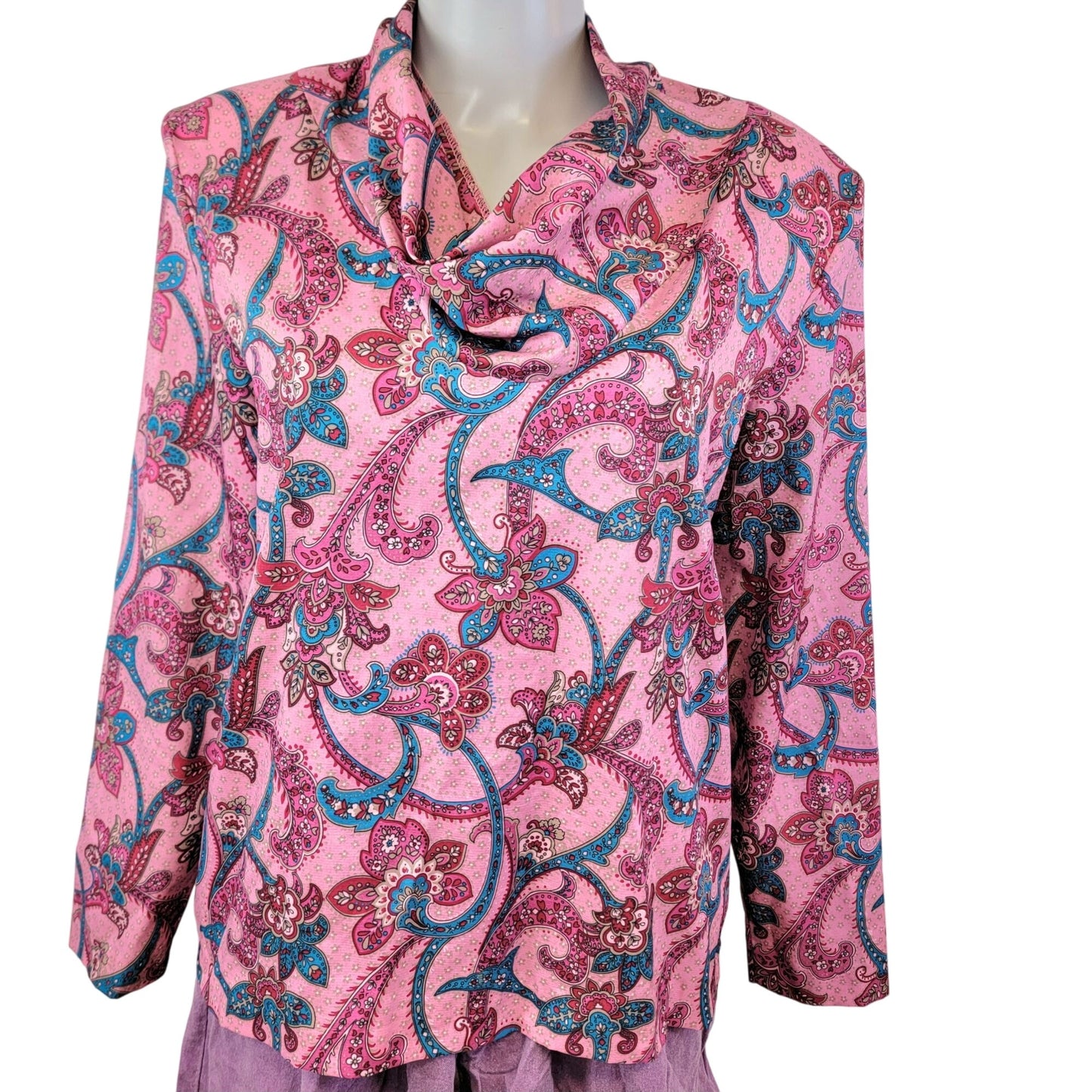 Vintage 70s Cowl Neck Shirt Women 14 Pink Paisley Blouse Top Long Sleeve Floral