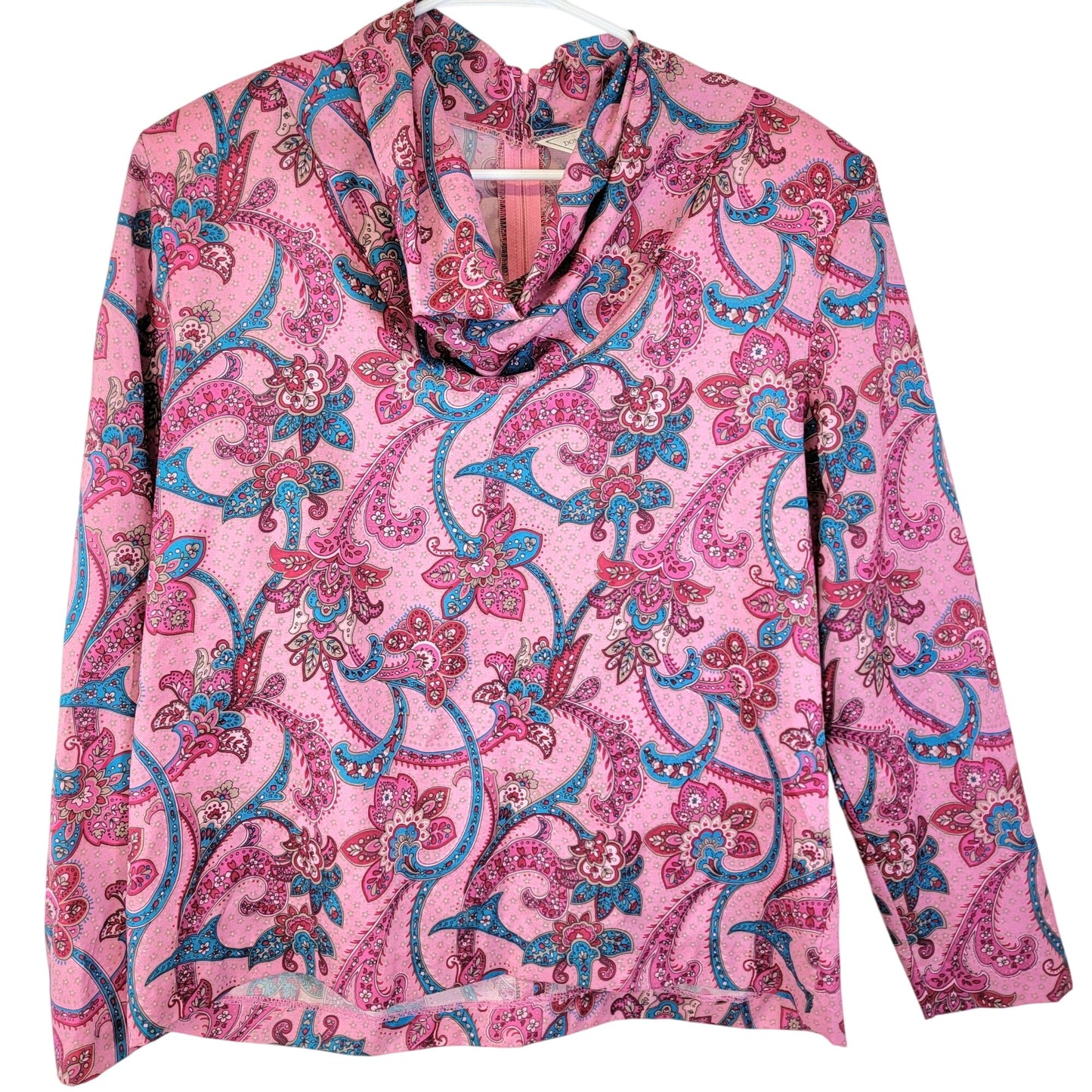 Vintage 70s Cowl Neck Shirt Women 14 Pink Paisley Blouse Top Long Sleeve Floral