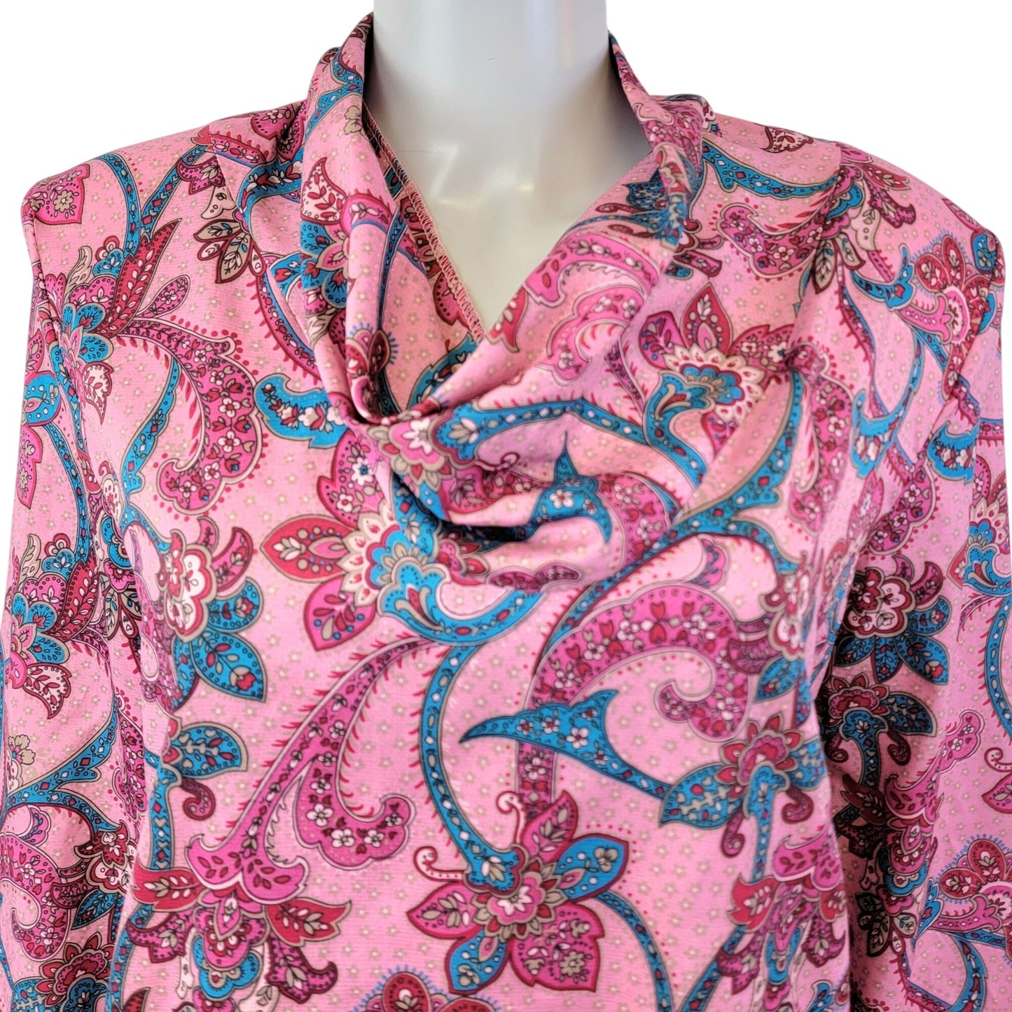 Vintage 70s Cowl Neck Shirt Women 14 Pink Paisley Blouse Top Long Sleeve Floral