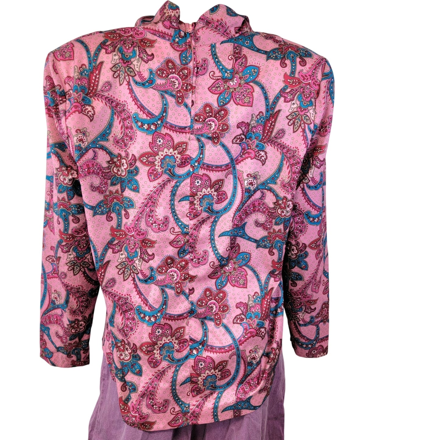 Vintage 70s Cowl Neck Shirt Women 14 Pink Paisley Blouse Top Long Sleeve Floral