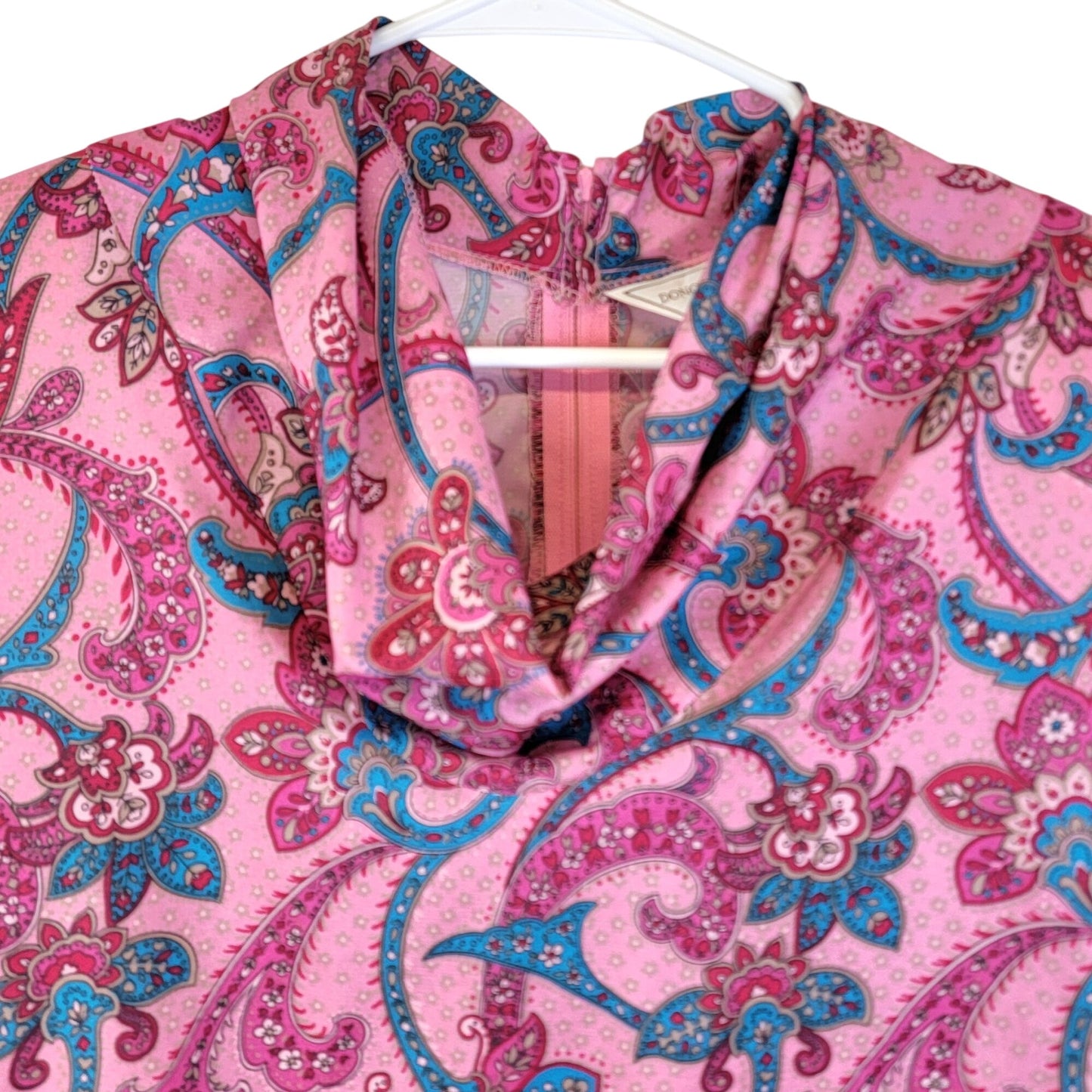 Vintage 70s Cowl Neck Shirt Women 14 Pink Paisley Blouse Top Long Sleeve Floral