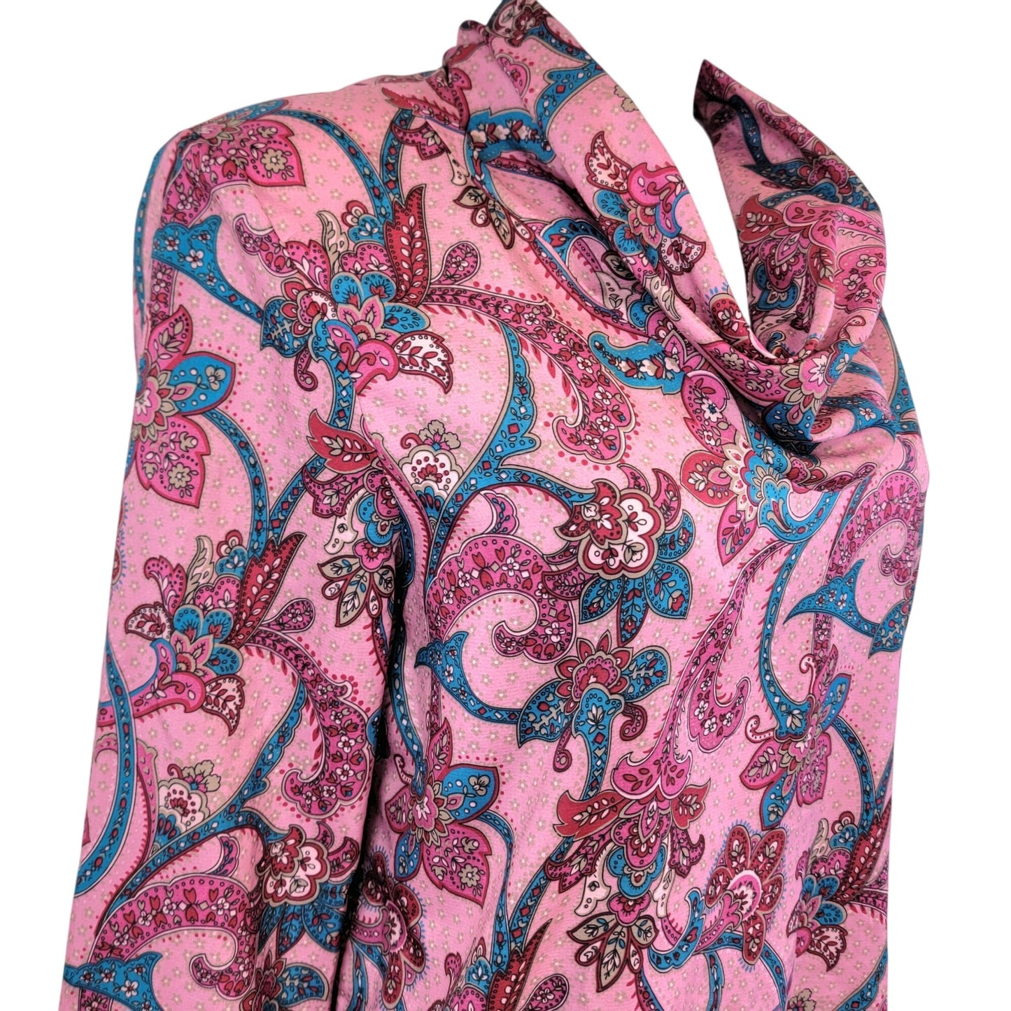 Vintage 70s Cowl Neck Shirt Women 14 Pink Paisley Blouse Top Long Sleeve Floral