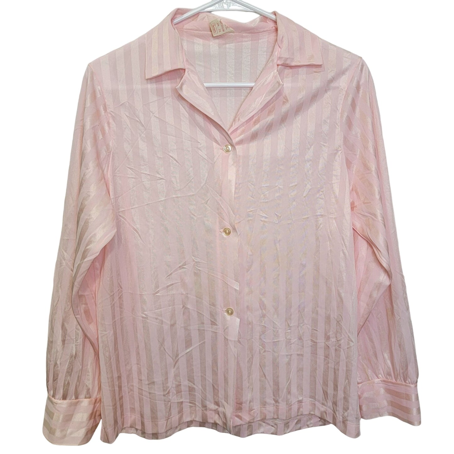 Sears Vintage 70s Nylon Blouse Women Medium Pink Gold