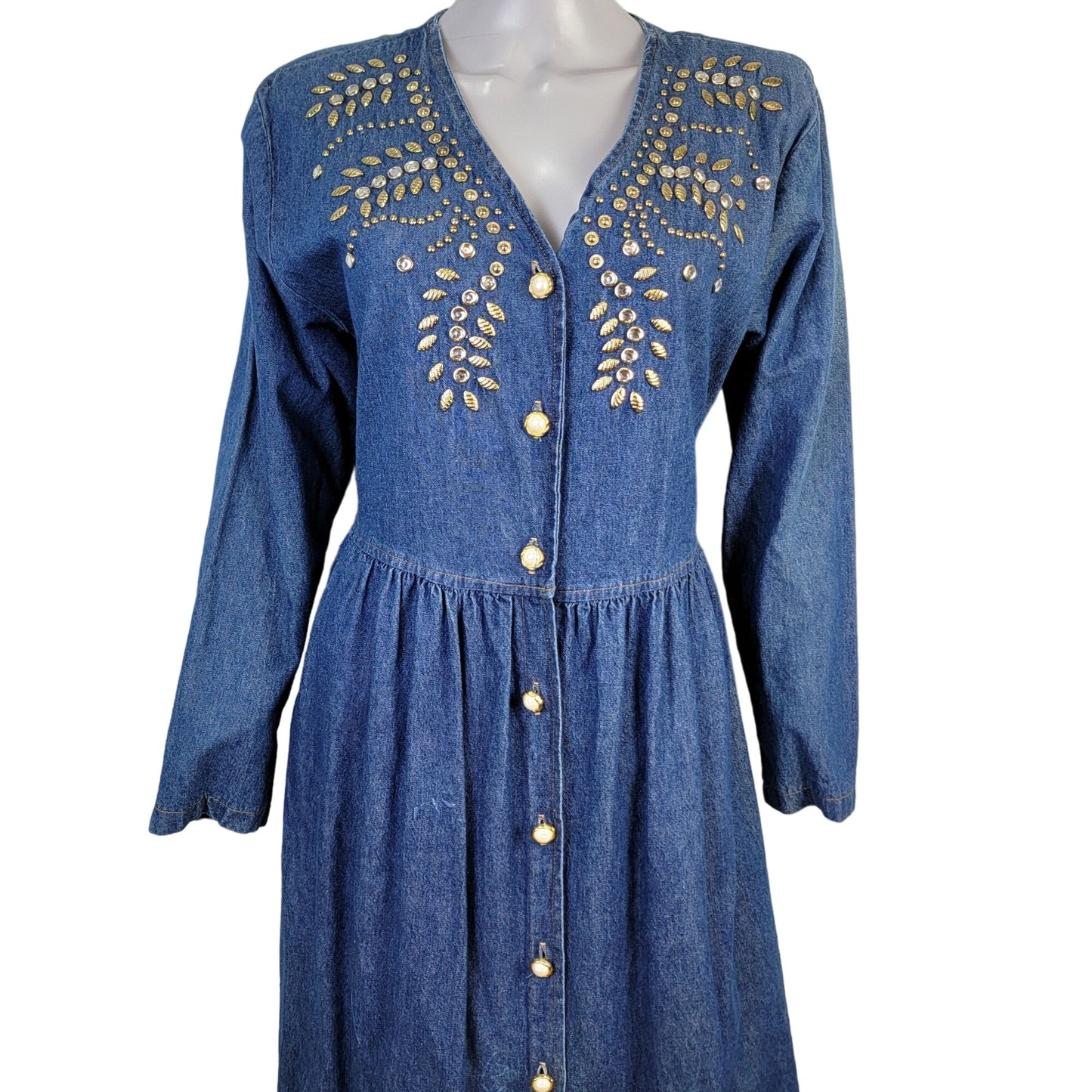 Vintage 90s Denim Midi Dress Women Medium Teacher Embellished