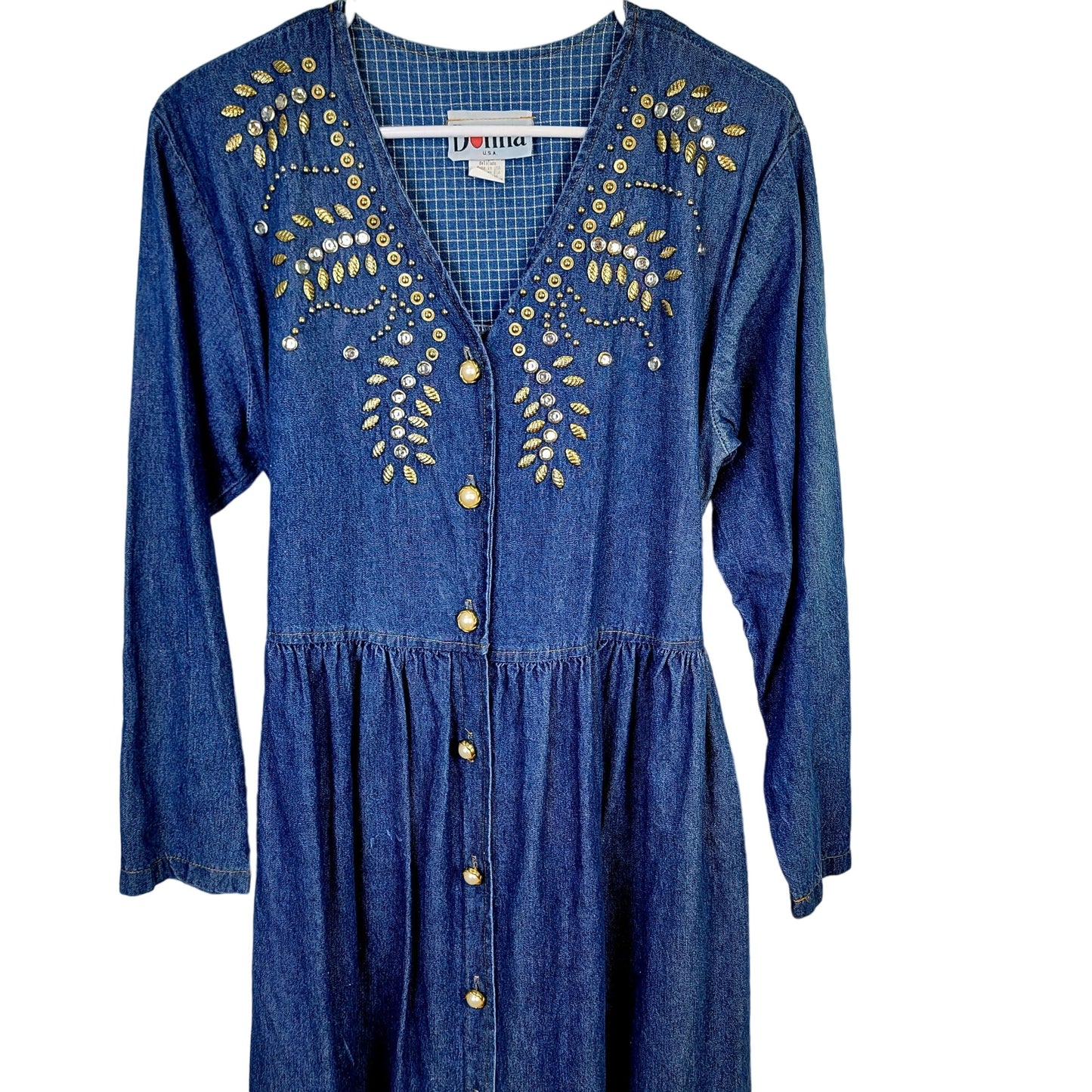 Vintage 90s Denim Midi Dress Women Medium Teacher Embellished