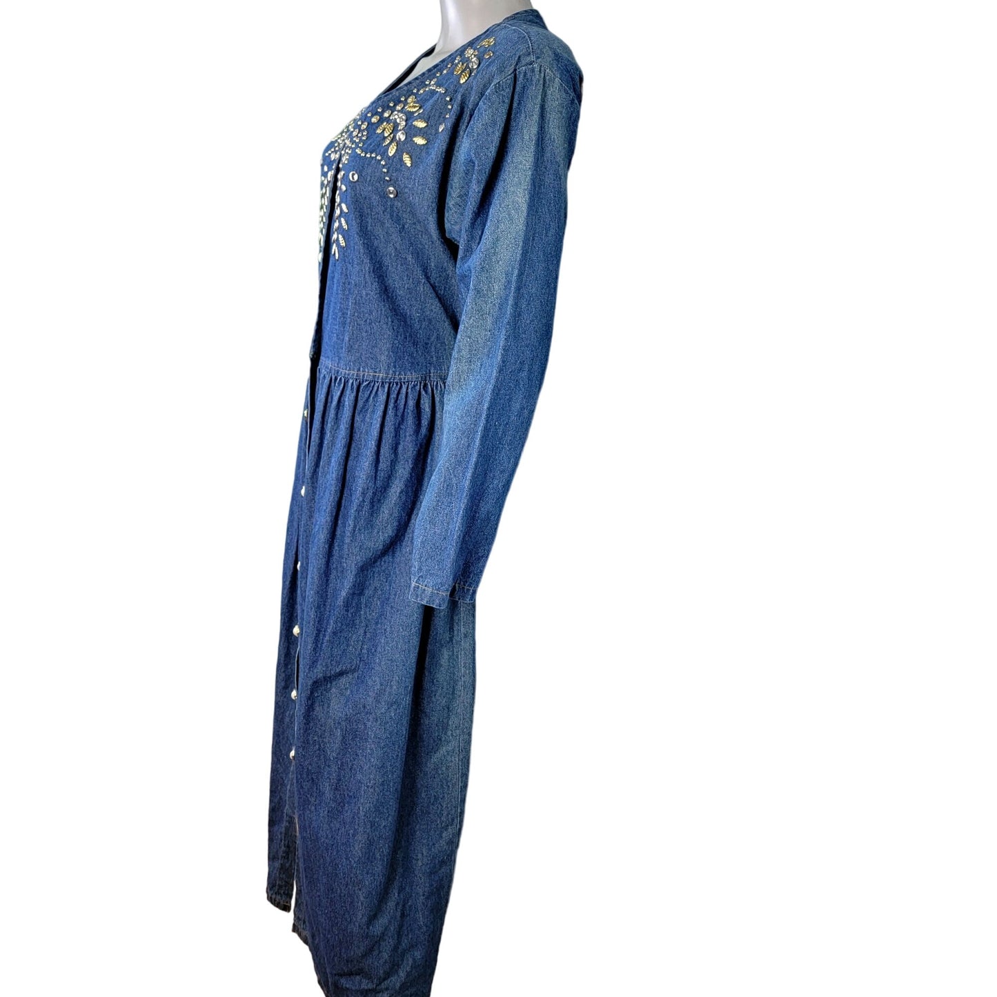 Vintage 90s Denim Midi Dress Women Medium Teacher Embellished