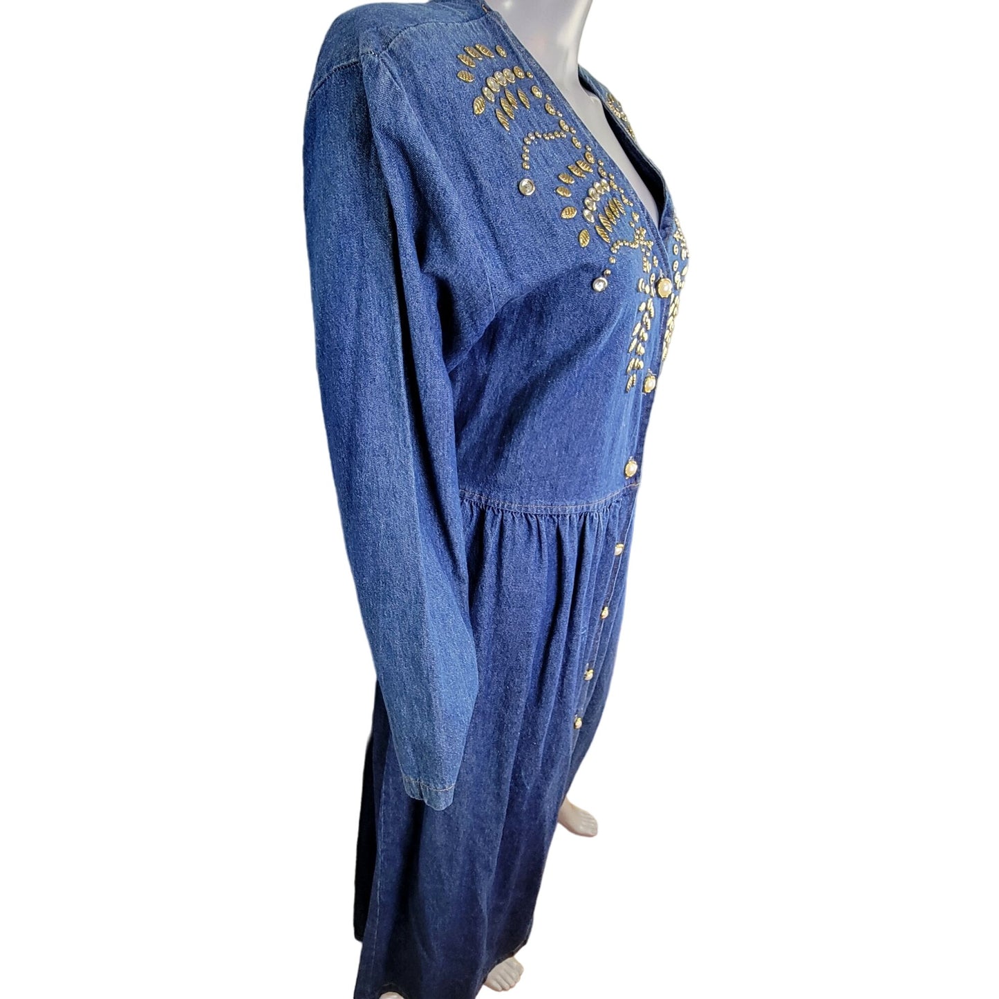 Vintage 90s Denim Midi Dress Women Medium Teacher Embellished