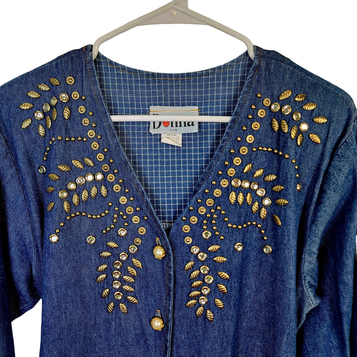 Vintage 90s Denim Midi Dress Women Medium Teacher Embellished