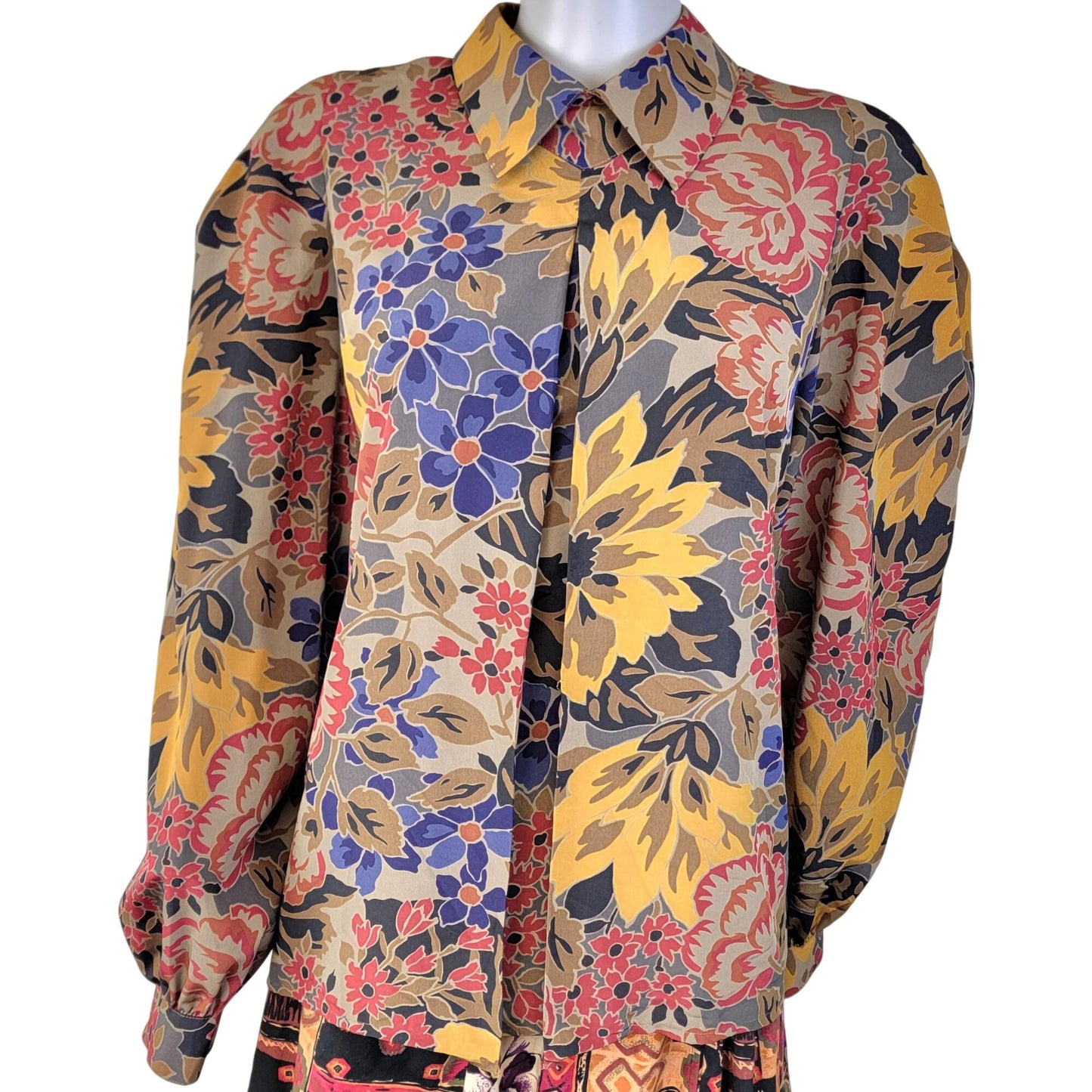 Vintage 80s Floral Blouse Shirt Women 10 Large Brown Blue Collar Top Formal Fall
