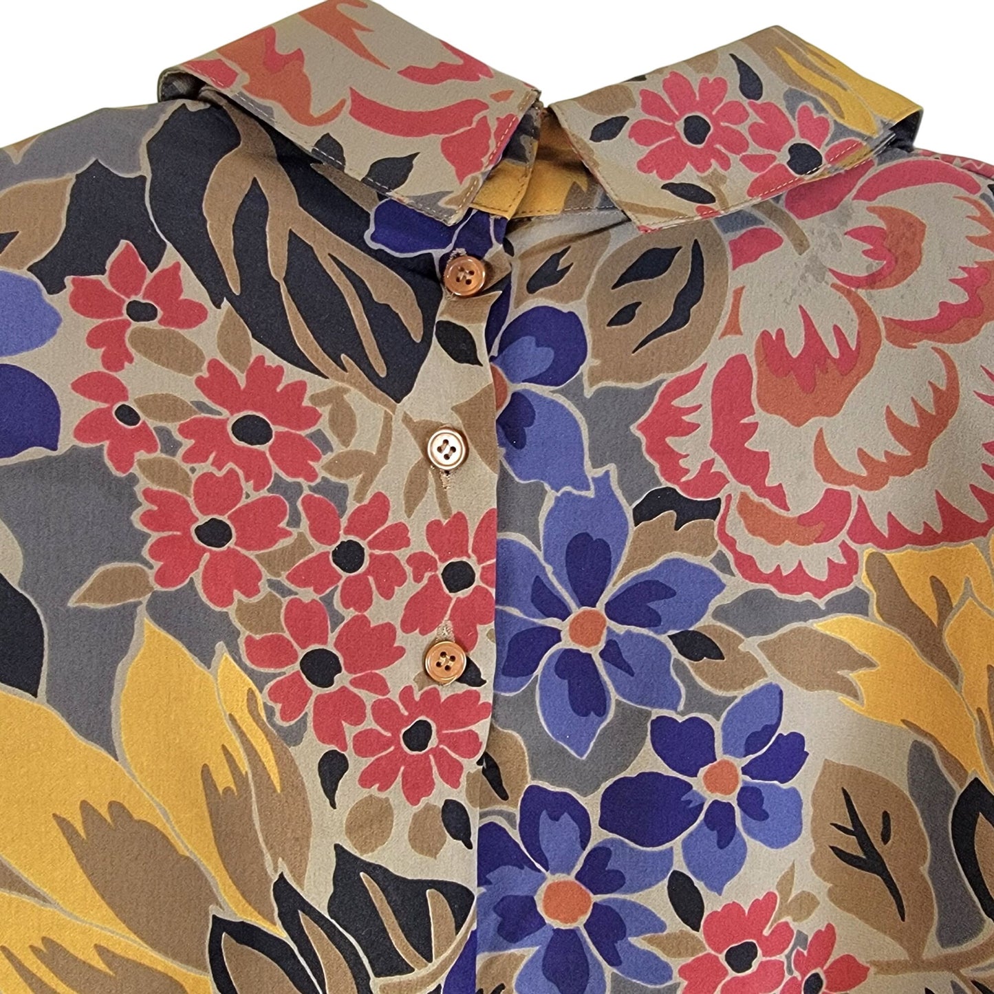 Vintage 80s Floral Blouse Shirt Women 10 Large Brown Blue Collar Top Formal Fall