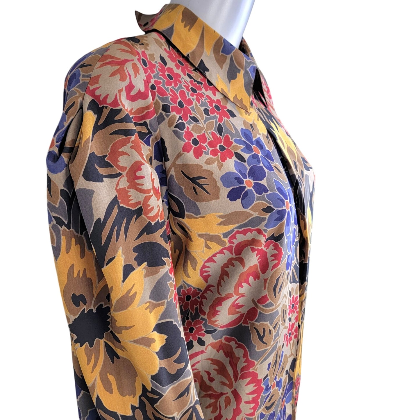 Vintage 80s Floral Blouse Shirt Women 10 Large Brown Blue Collar Top Formal Fall