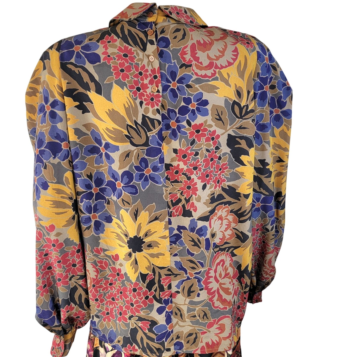 Vintage 80s Floral Blouse Shirt Women 10 Large Brown Blue Collar Top Formal Fall