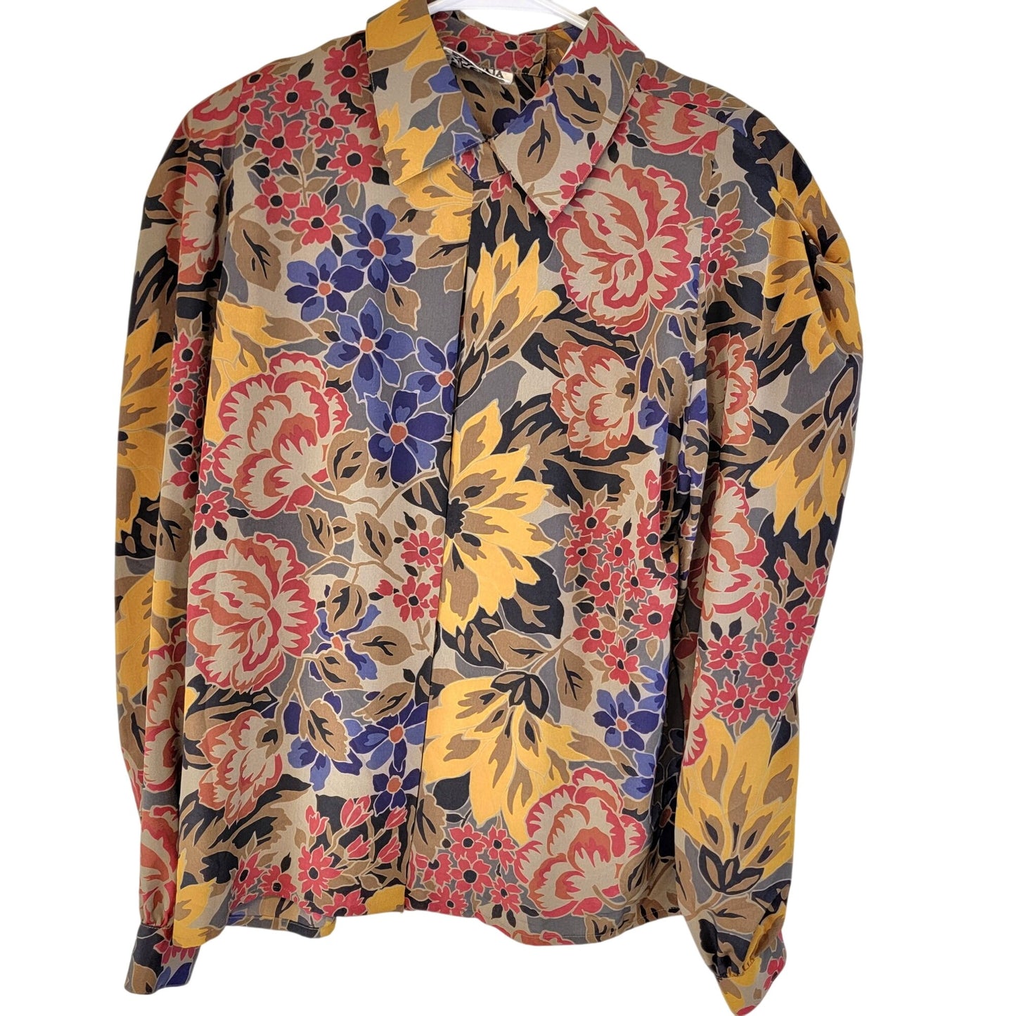 Vintage 80s Floral Blouse Shirt Women 10 Large Brown Blue Collar Top Formal Fall