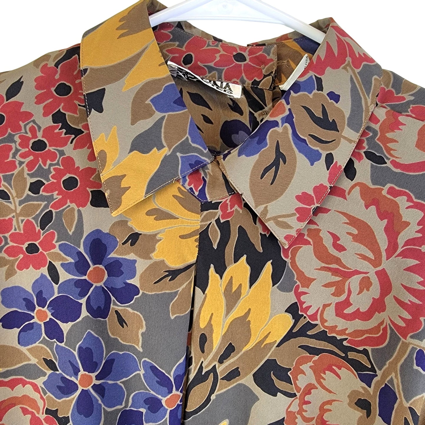Vintage 80s Floral Blouse Shirt Women 10 Large Brown Blue Collar Top Formal Fall
