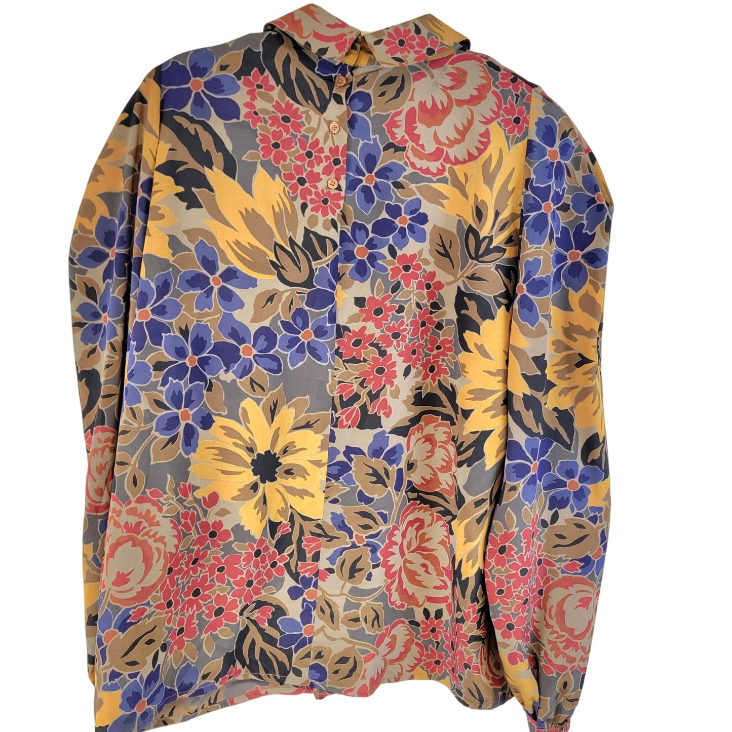 Vintage 80s Floral Blouse Shirt Women 10 Large Brown Blue Collar Top Formal Fall