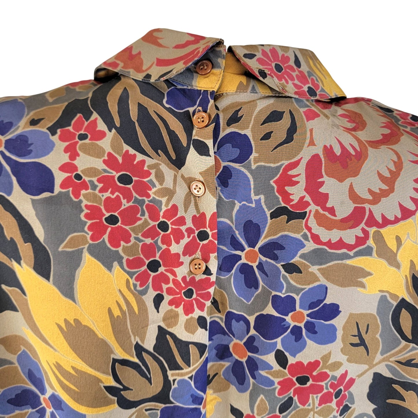 Vintage 80s Floral Blouse Shirt Women 10 Large Brown Blue Collar Top Formal Fall