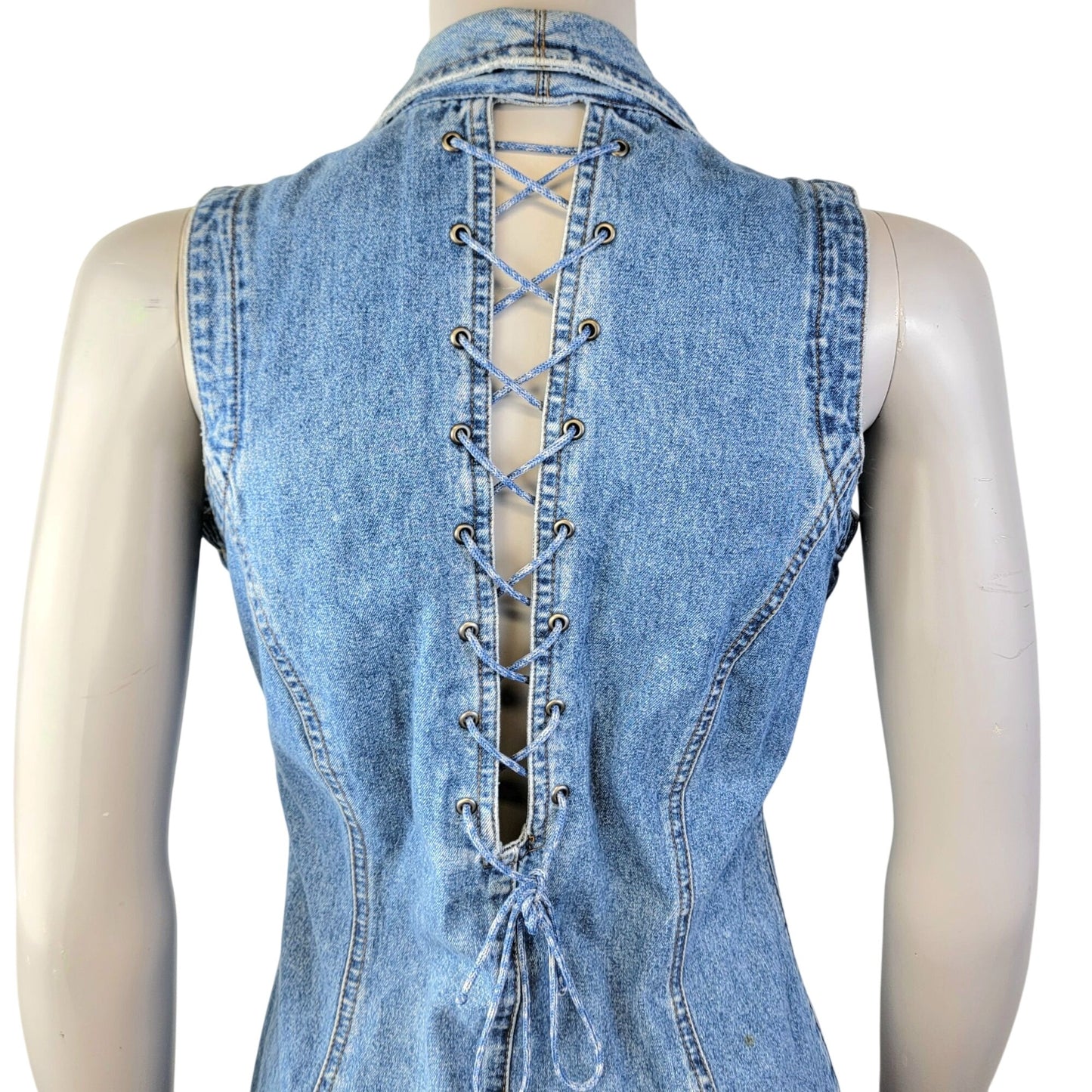 Squeeze Jeans Vintage 90s Denim Mini Dress Women Small Lace Up Button Sexy Retro