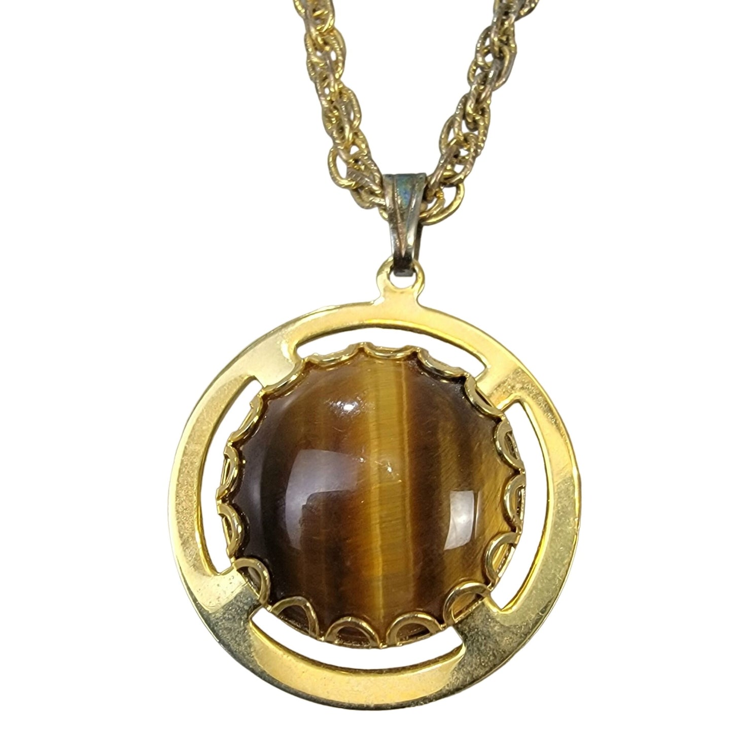 Tigers Eye Pendant Necklace Gold Tone Chain Women Jewelry Stone Cabochon Vintage