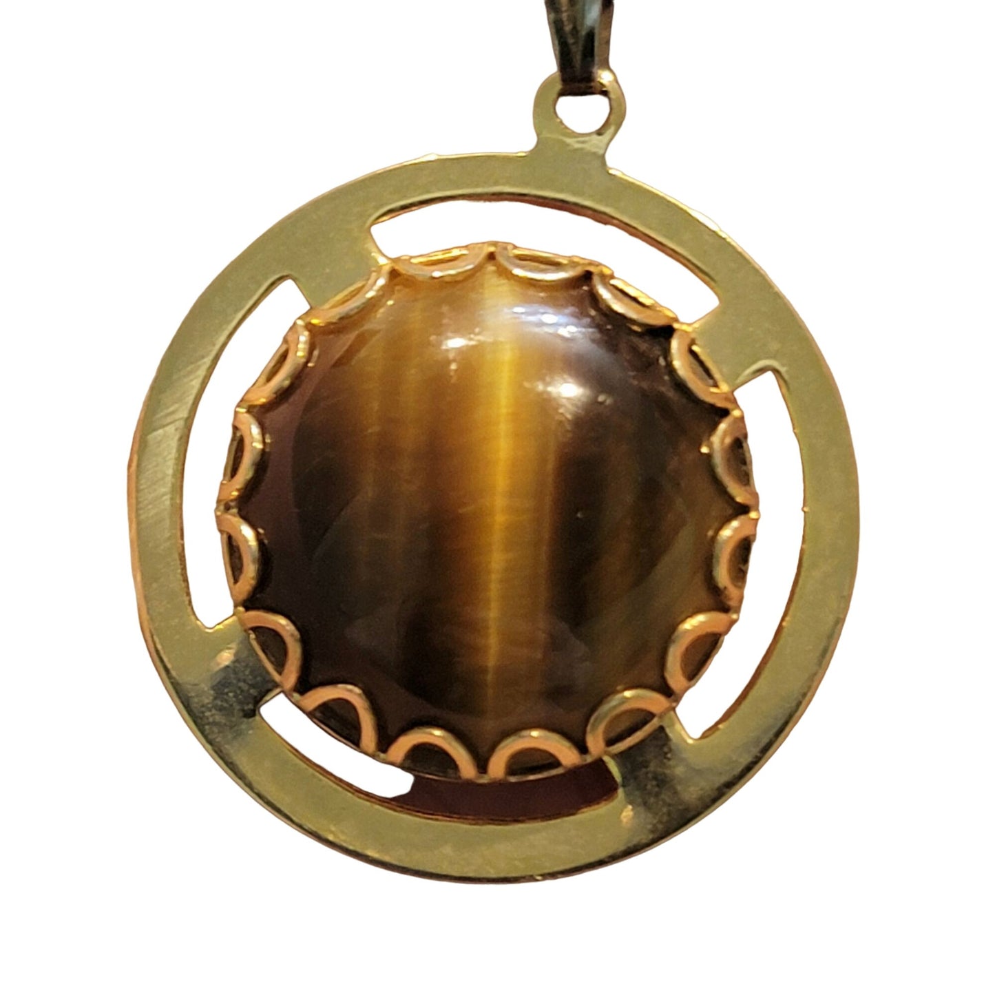 Tigers Eye Pendant Necklace Gold Tone Chain Women Jewelry Stone Cabochon Vintage