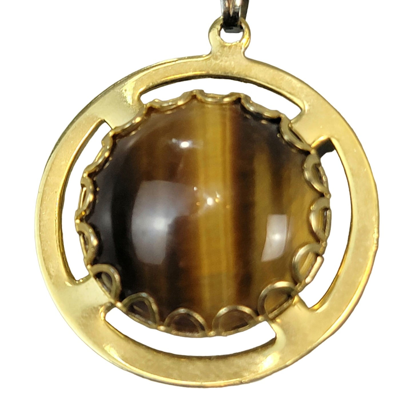 Tigers Eye Pendant Necklace Gold Tone Chain Women Jewelry Stone Cabochon Vintage
