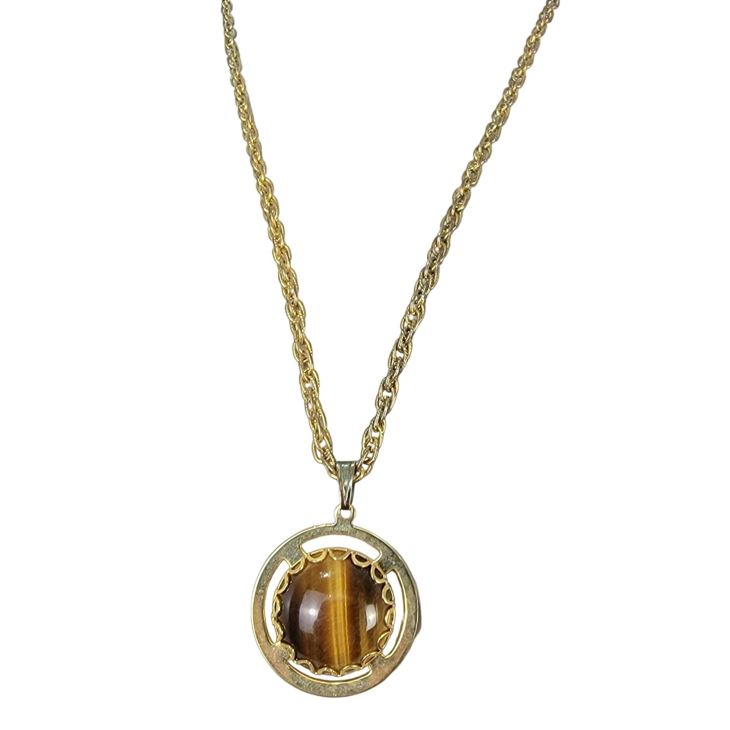 Tigers Eye Pendant Necklace Gold Tone Chain Women Jewelry Stone Cabochon Vintage