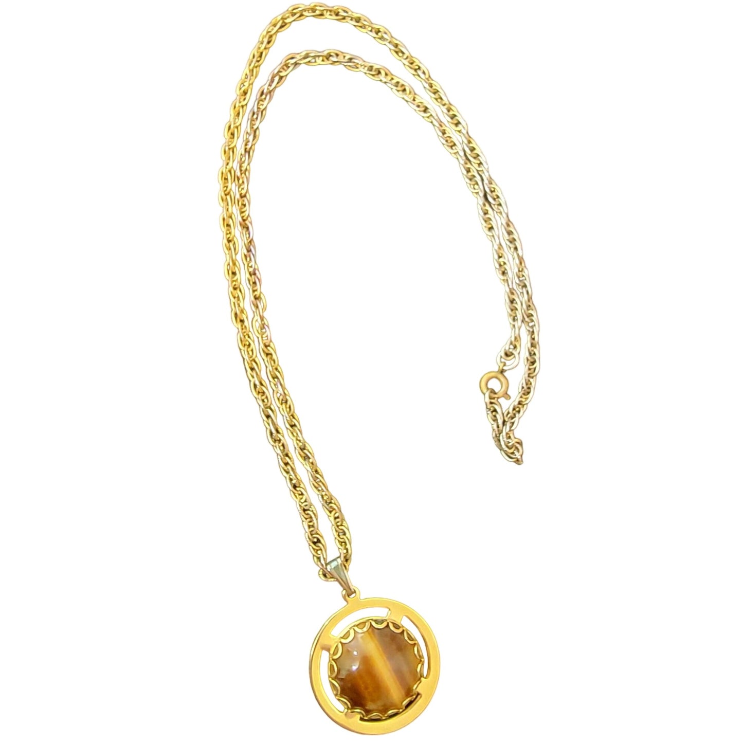 Tigers Eye Pendant Necklace Gold Tone Chain Women Jewelry Stone Cabochon Vintage