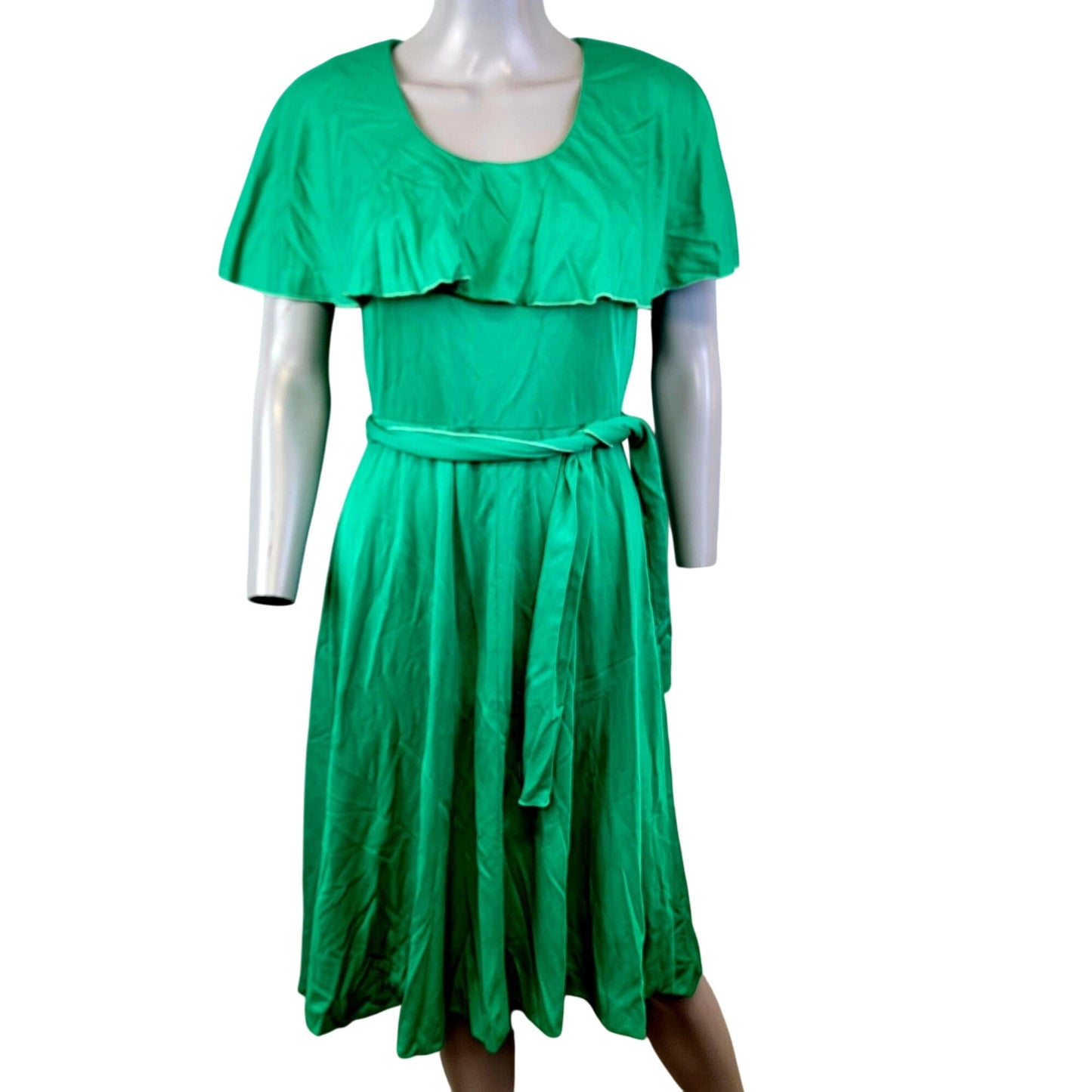 Vintage 70s Green Tiered Midi Dress Women Small 4 6 Fit Flare Formal