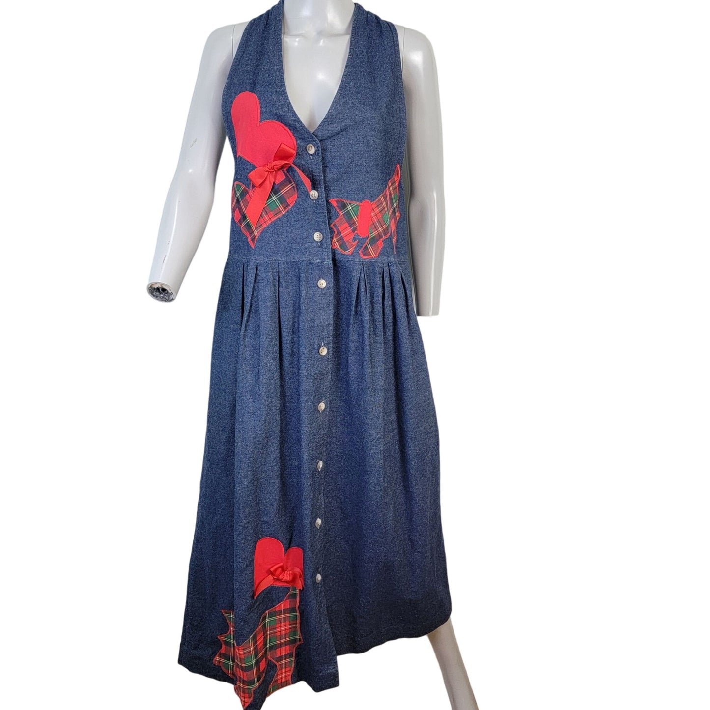 Vintage 90s Denim Maxi Dress Women Medium Scottie Dog Embroidered Teacher