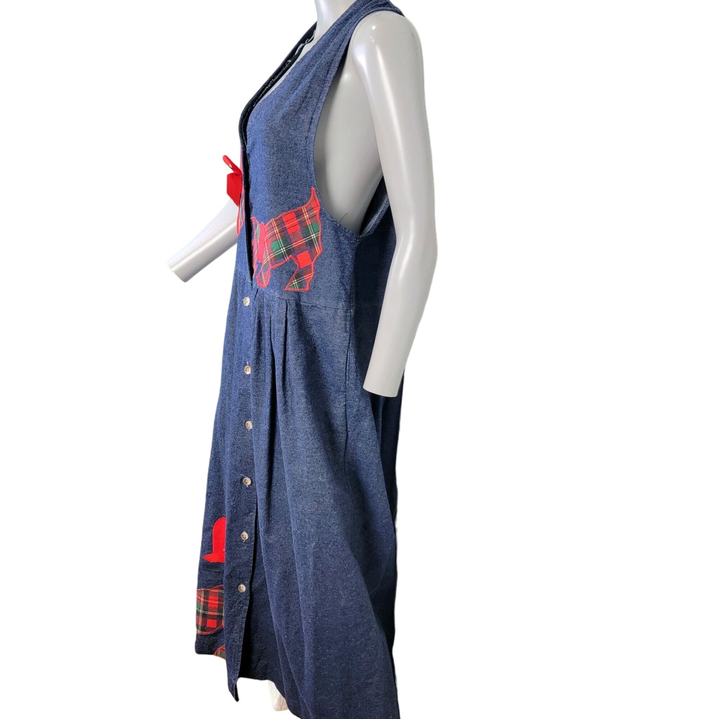 Vintage 90s Denim Maxi Dress Women Medium Scottie Dog Embroidered Teacher
